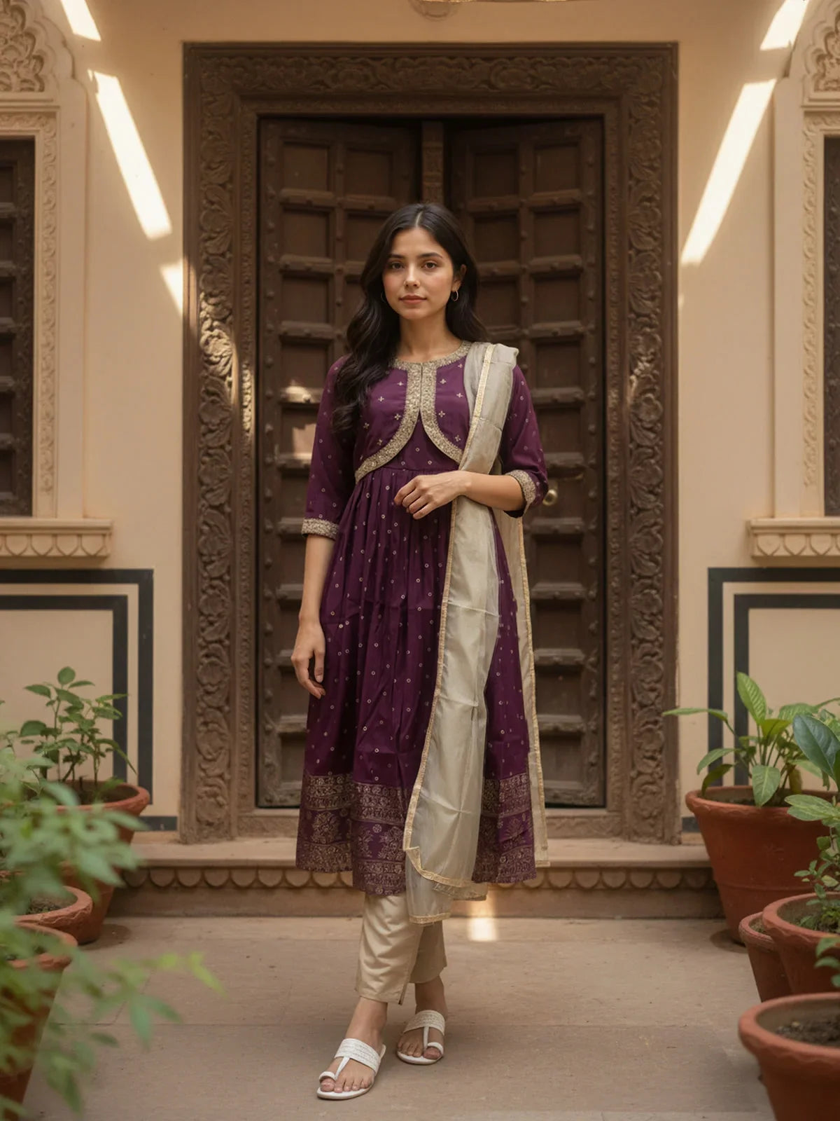 Buy Poly Viscose Embroidered Anarkali Calf Length Kurta with Pant and Dupatta-Wine