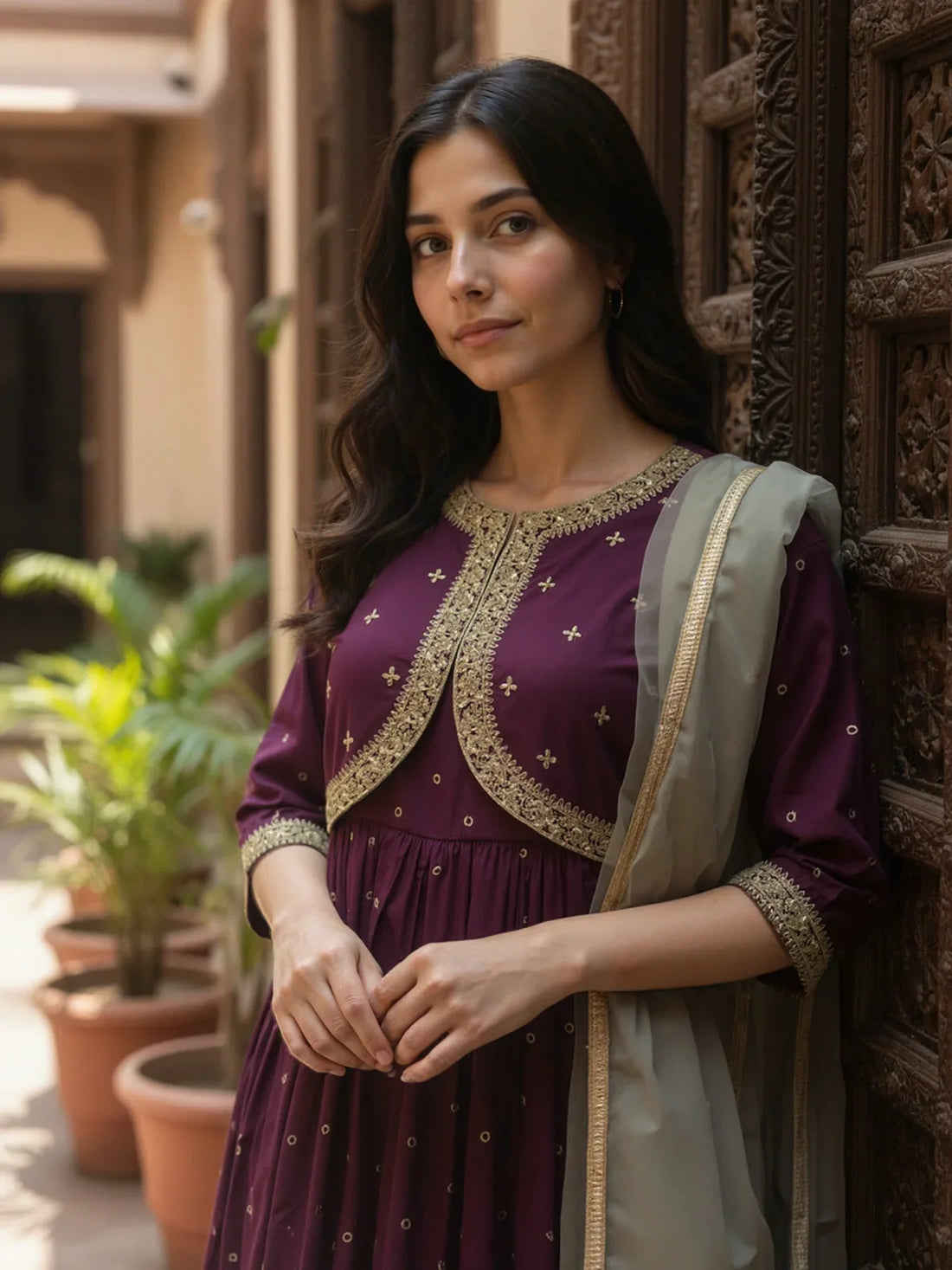 Buy Poly Viscose Embroidered Anarkali Calf Length Kurta with Pant and Dupatta-Wine