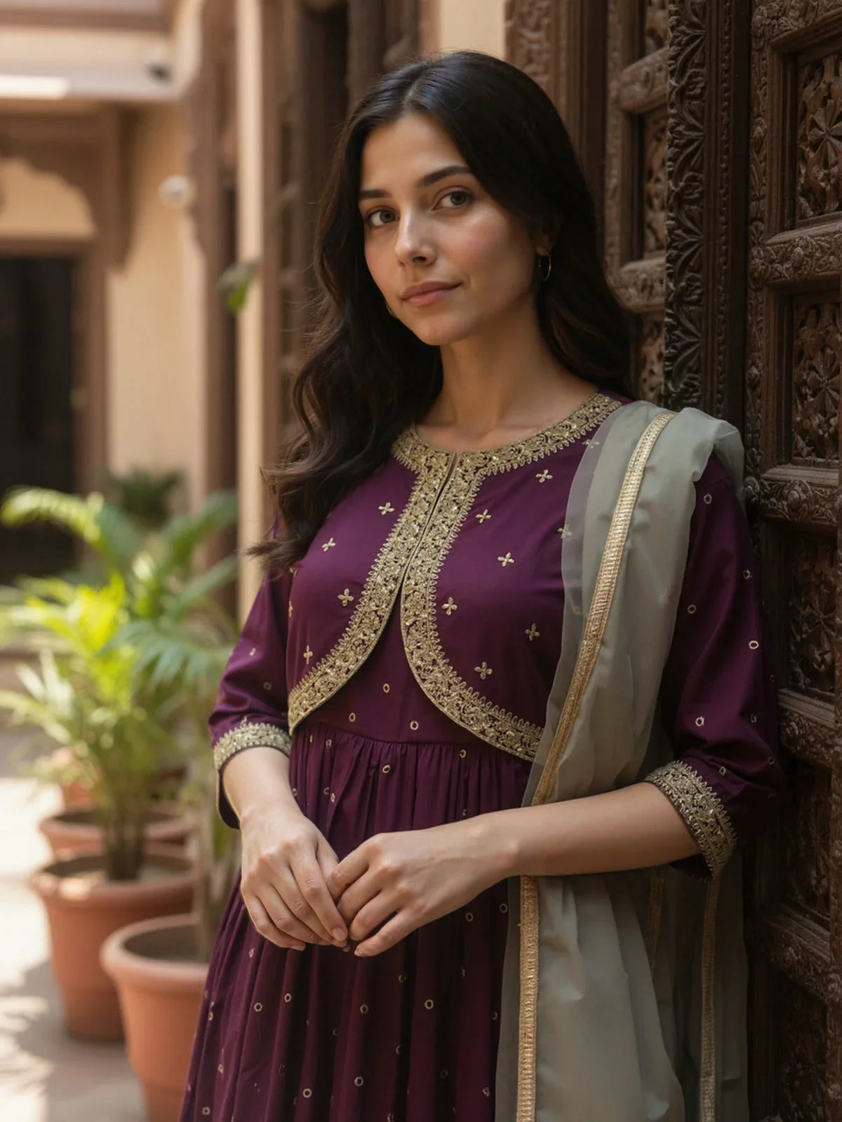 Buy Poly Viscose Embroidered Anarkali Calf Length Kurta with Pant and Dupatta-Wine
