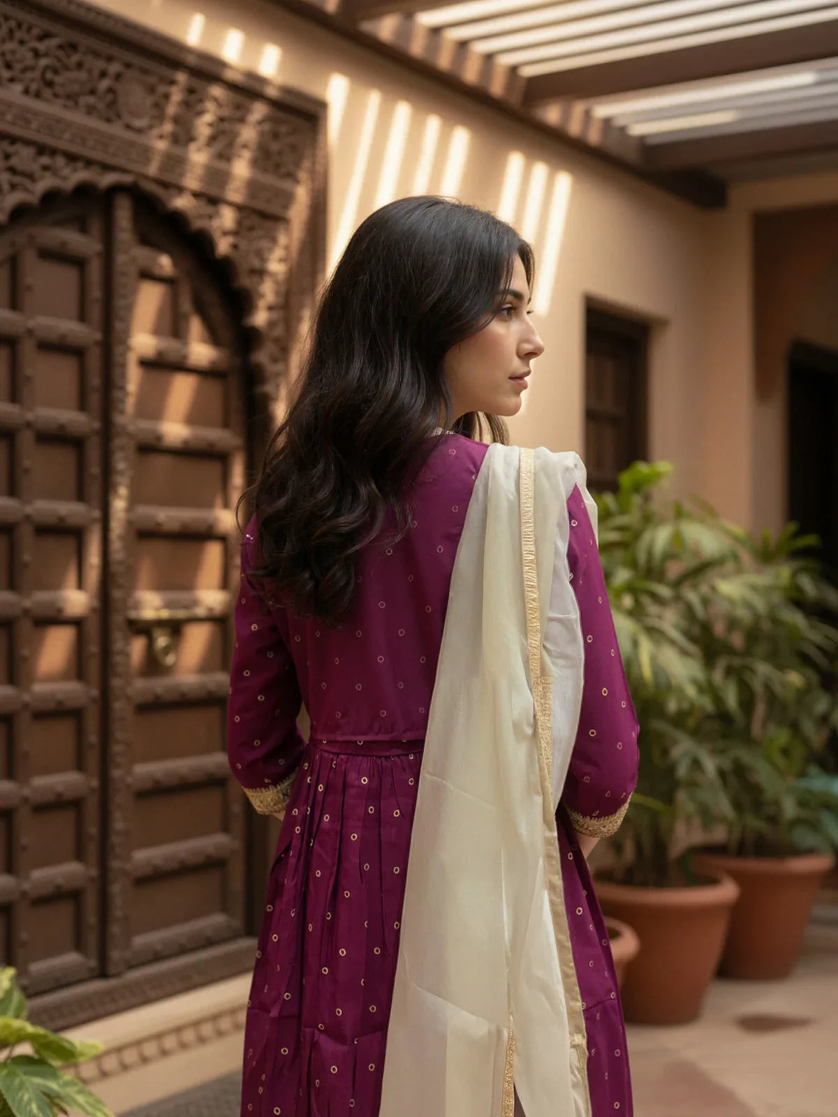 Buy Poly Viscose Embroidered Anarkali Calf Length Kurta with Pant and Dupatta-Wine