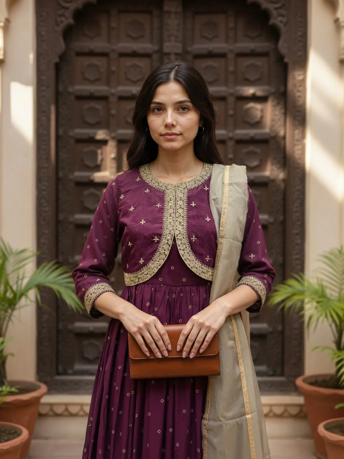 Buy Poly Viscose Embroidered Anarkali Calf Length Kurta with Pant and Dupatta-Wine