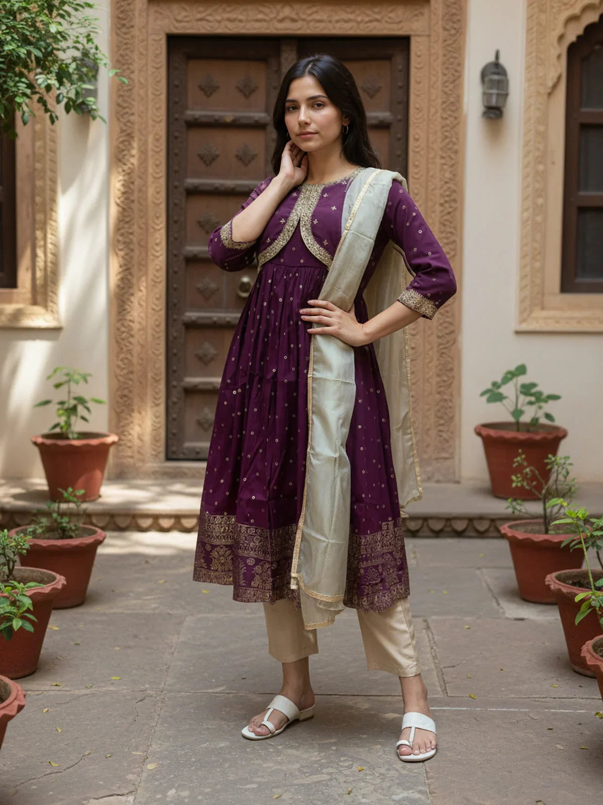 Buy Poly Viscose Embroidered Anarkali Calf Length Kurta with Pant and Dupatta-Wine