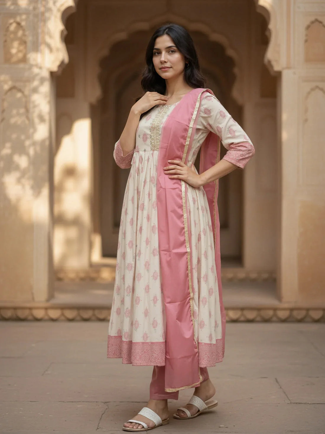 Buy Poly Viscose Embroidered Anarkali Calf Length Kurta with Pant and Dupatta-Peach