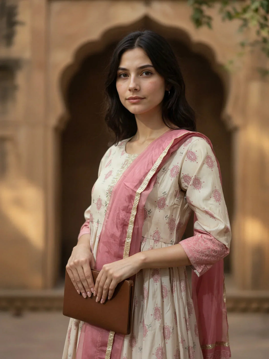 Buy Poly Viscose Embroidered Anarkali Calf Length Kurta with Pant and Dupatta-Peach