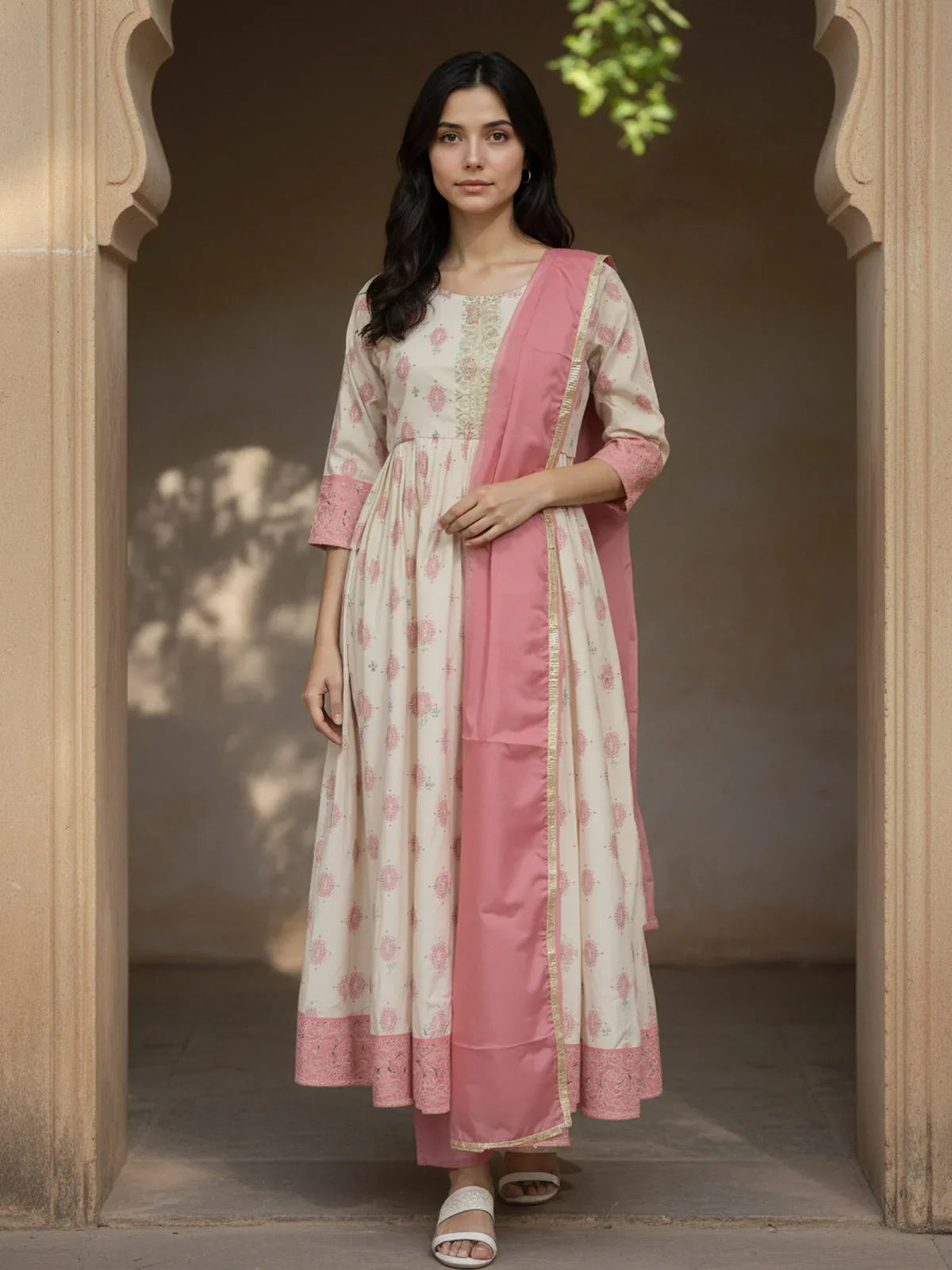 Buy Poly Viscose Embroidered Anarkali Calf Length Kurta with Pant and Dupatta-Peach