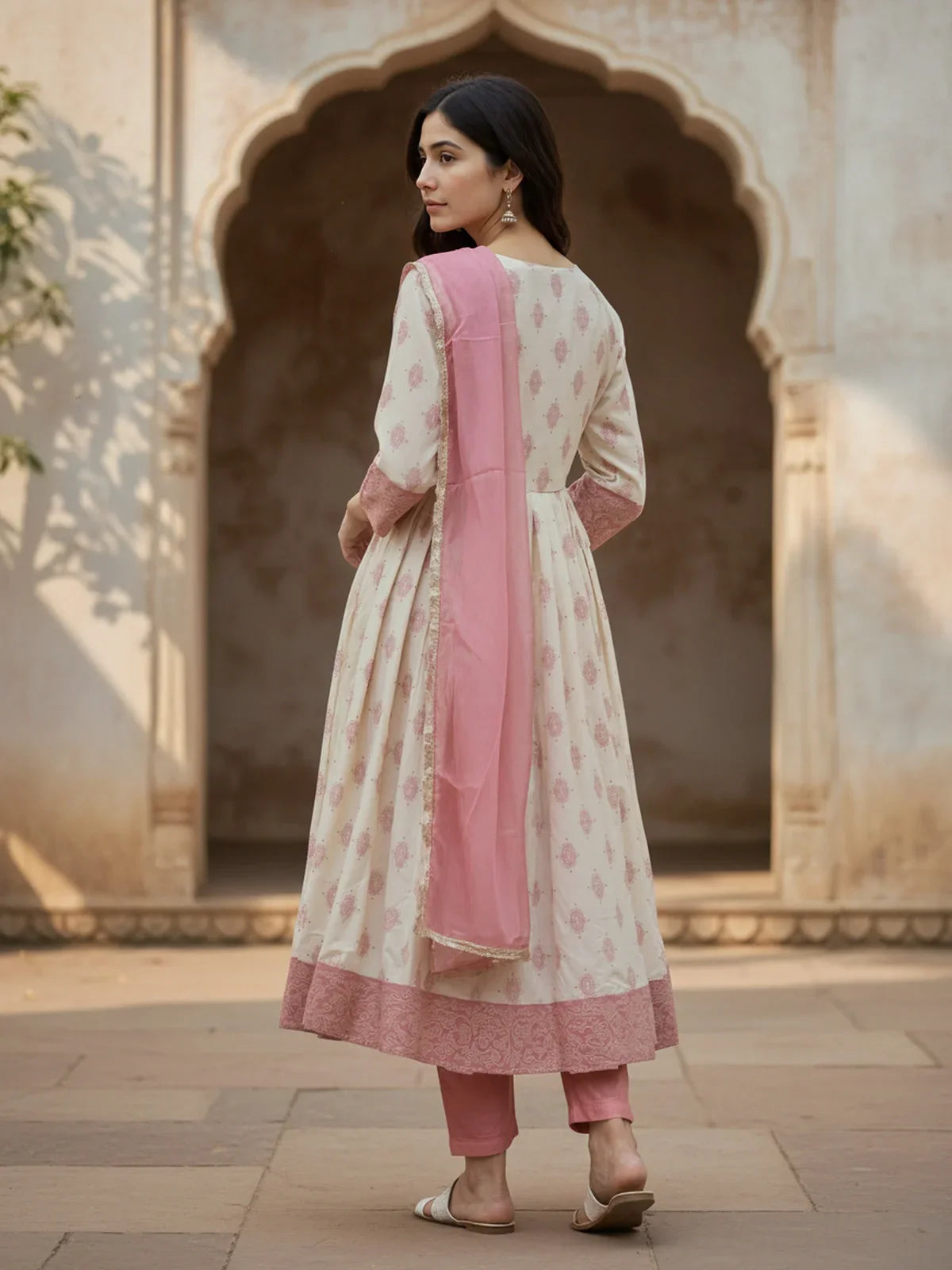 Buy Poly Viscose Embroidered Anarkali Calf Length Kurta with Pant and Dupatta-Peach