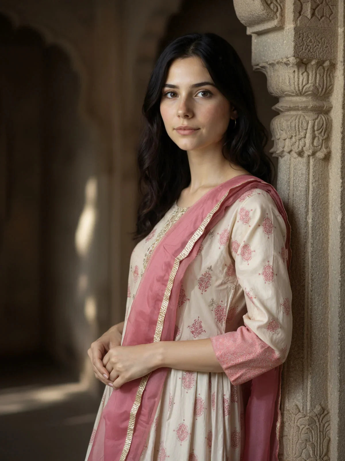 Buy Poly Viscose Embroidered Anarkali Calf Length Kurta with Pant and Dupatta-Peach