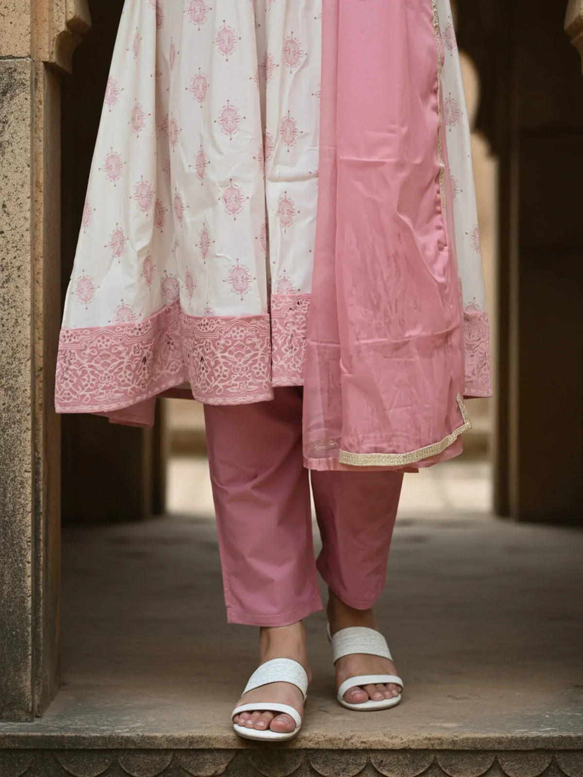 Buy Poly Viscose Embroidered Anarkali Calf Length Kurta with Pant and Dupatta-Peach