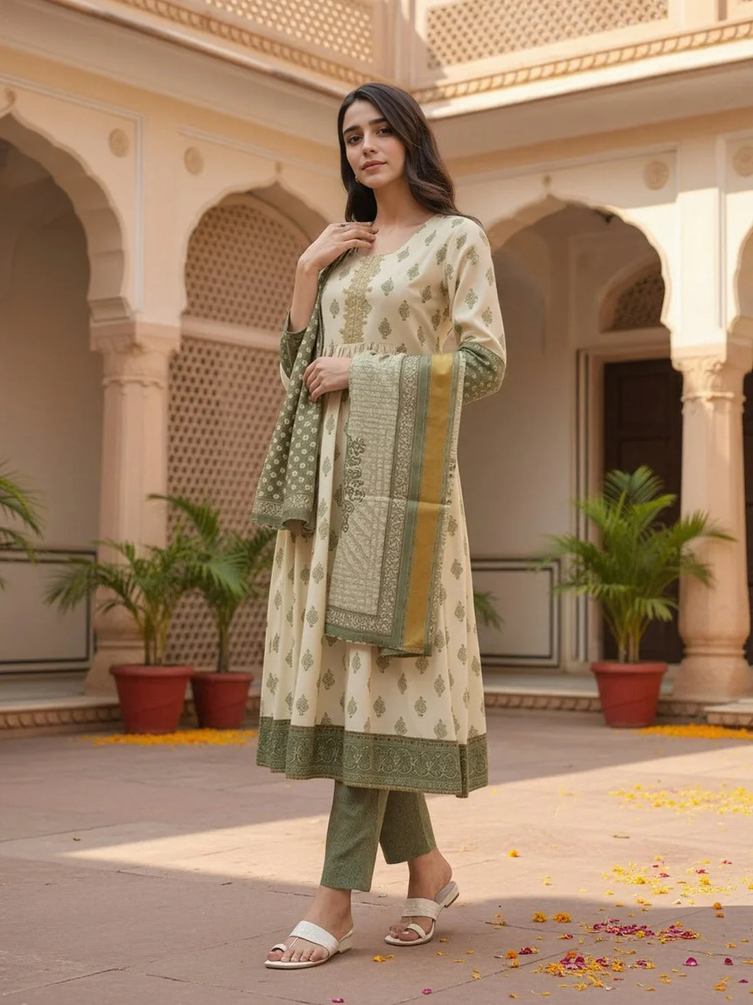 Buy Poly Viscose Embroidered Anarkali Calf Length Kurta and Pant with Dupatta-Green