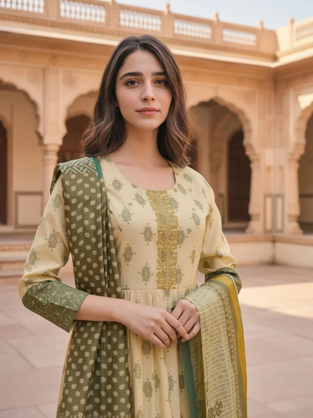 Buy Poly Viscose Embroidered Anarkali Calf Length Kurta and Pant with Dupatta-Green
