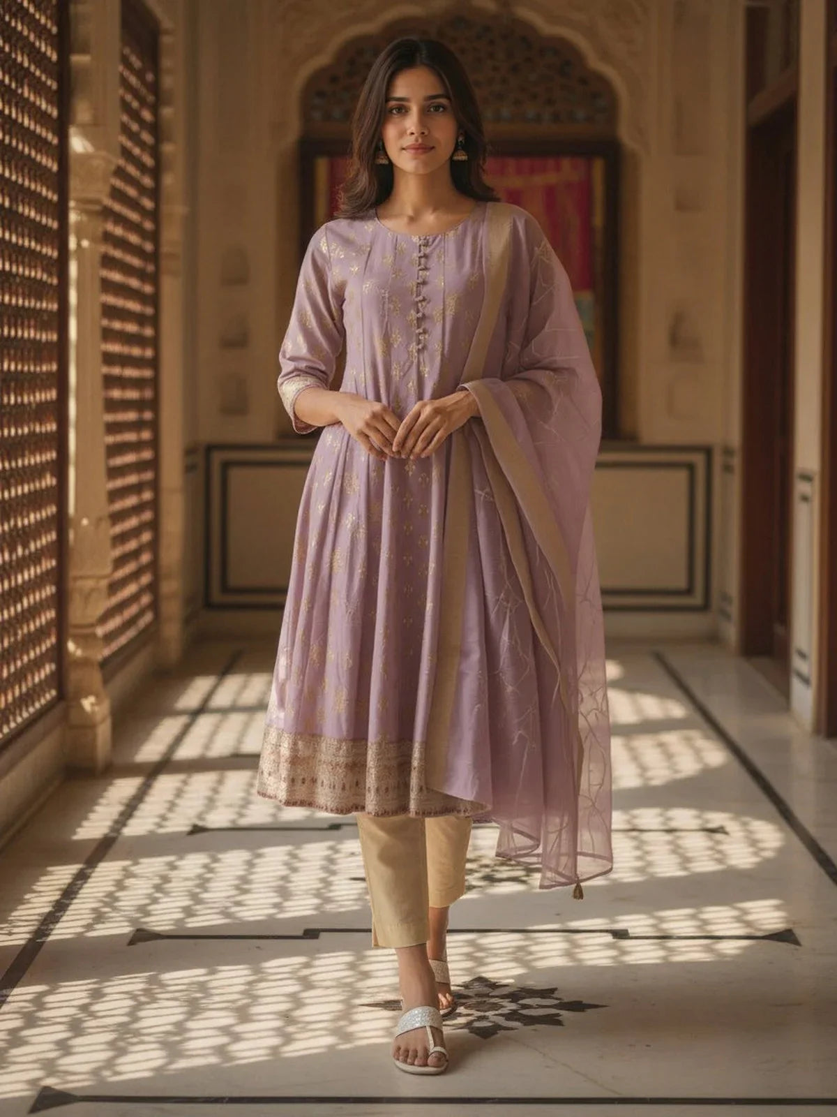 Buy Poly Viscose Printed Anarkali Calf Length Kurta with Pant and Dupatta-Mauve