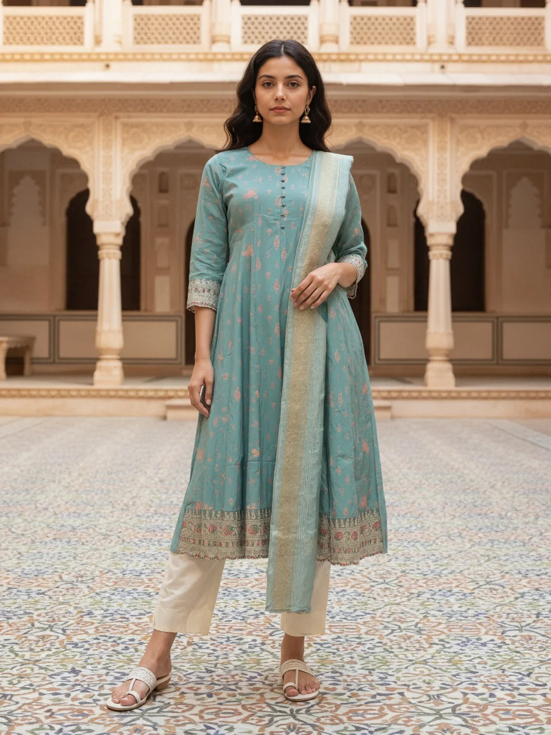 Buy Poly Viscose Embroidered Anarkali Calf Length Kurta with Pant and Dupatta-Green