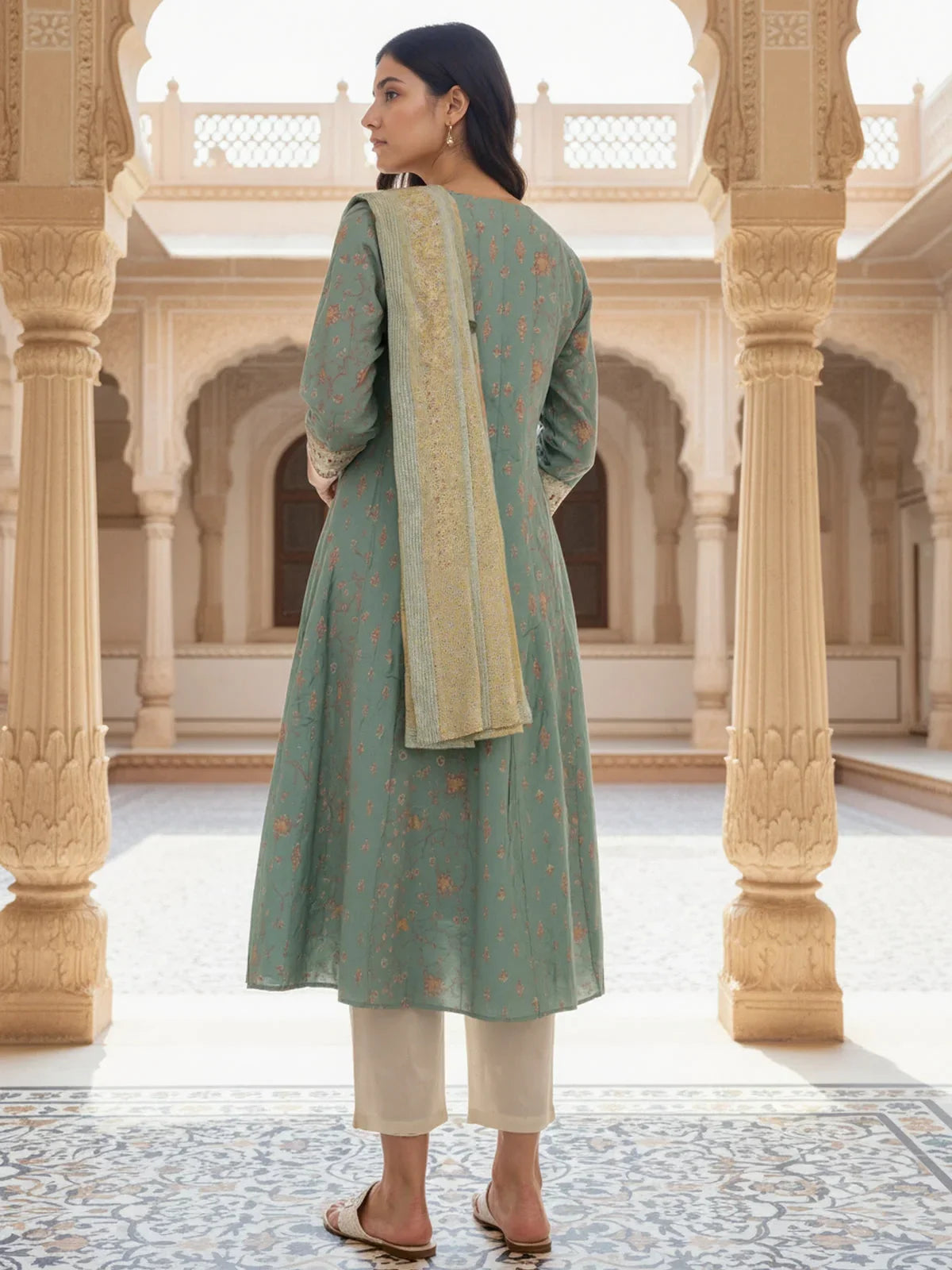 Buy Poly Viscose Embroidered Anarkali Calf Length Kurta with Pant and Dupatta-Green