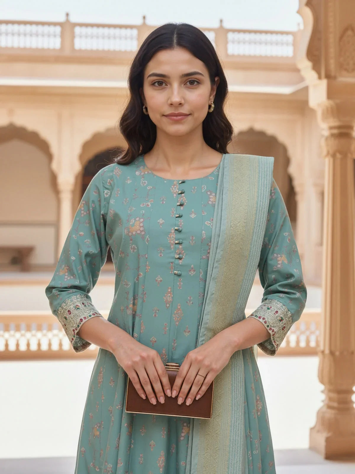 Buy Poly Viscose Embroidered Anarkali Calf Length Kurta with Pant and Dupatta-Green