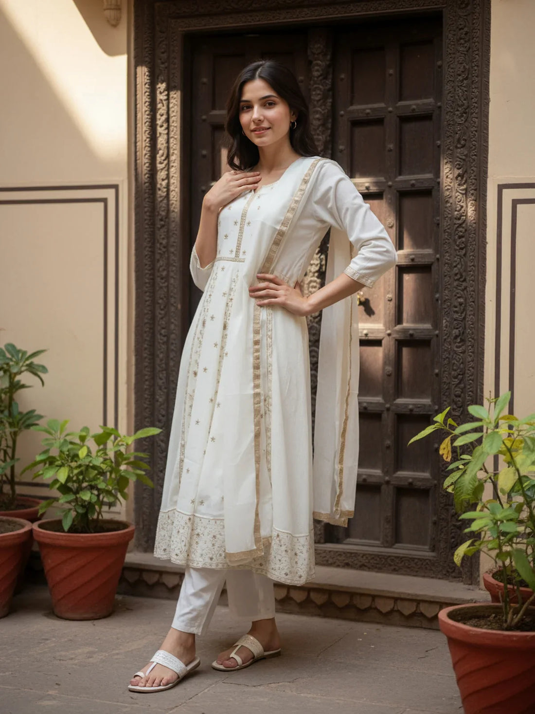 Buy Poly Viscose Embroidered Flared Calf Length Kurta with Pant and Dupatta-White