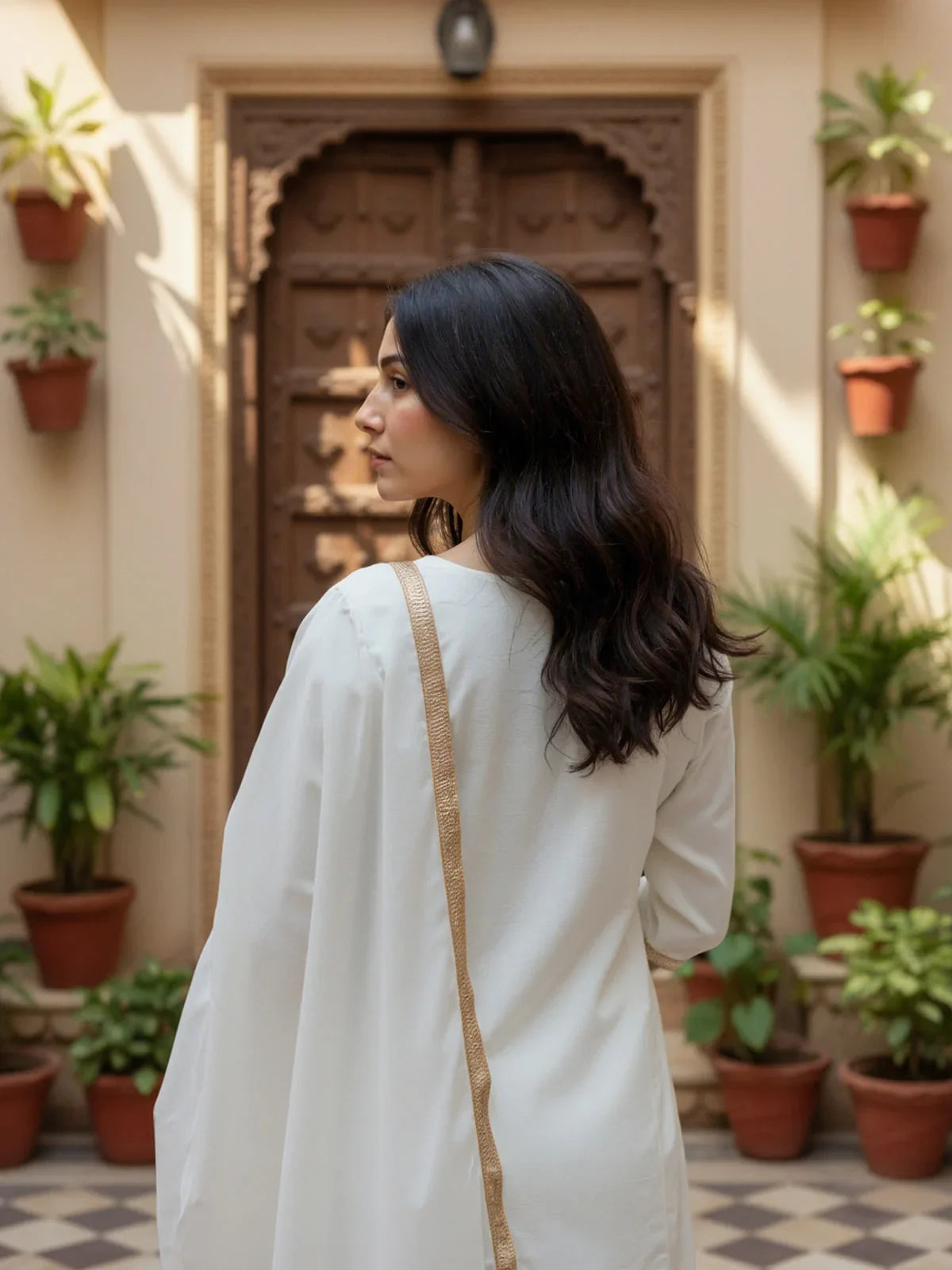 Buy Poly Viscose Embroidered Flared Calf Length Kurta with Pant and Dupatta-White