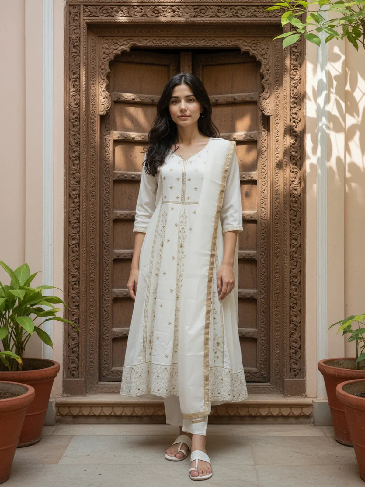 Buy Poly Viscose Embroidered Flared Calf Length Kurta with Pant and Dupatta-White