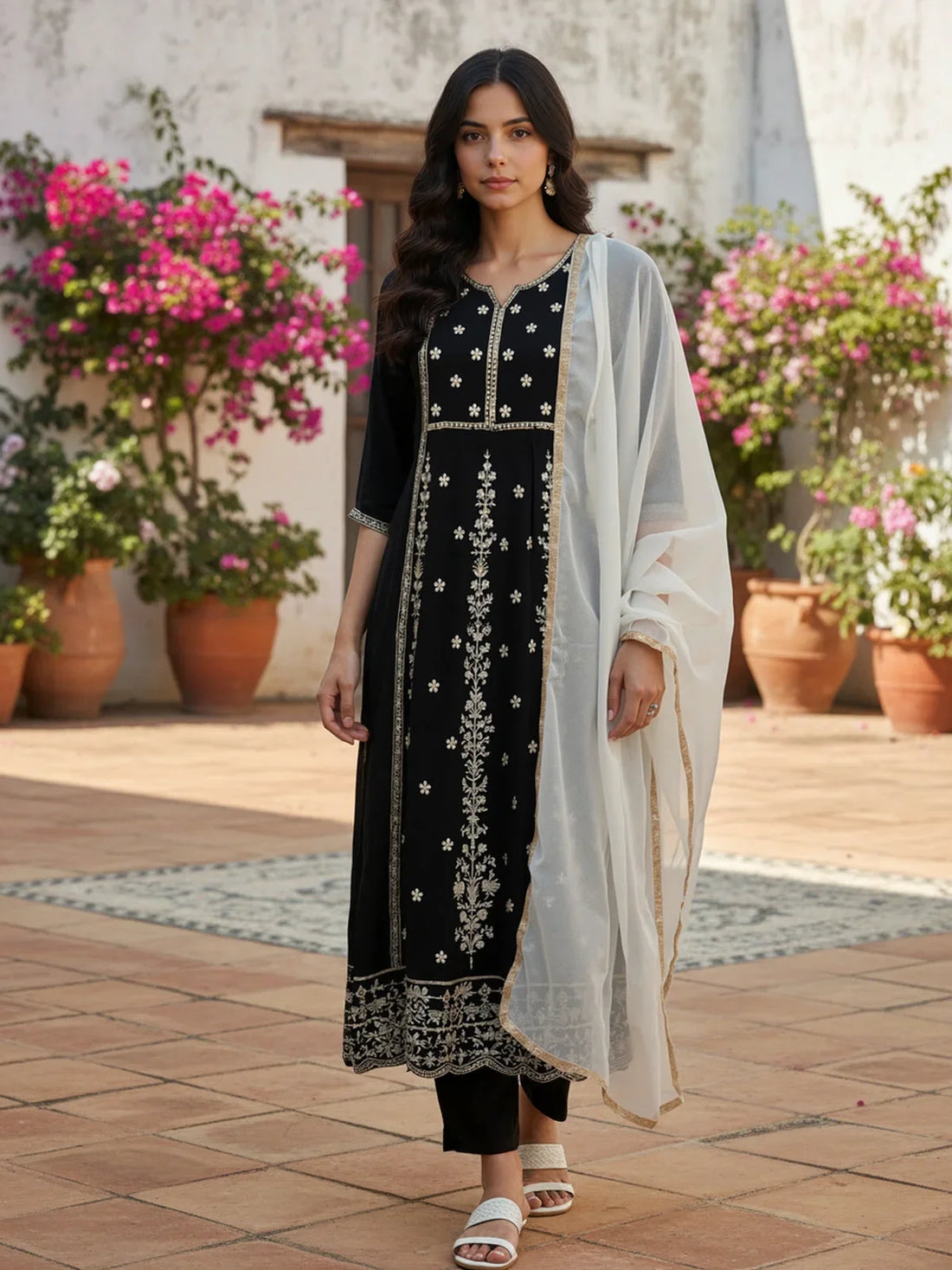 Buy Poly Viscose Embroidered Flared Calf Length Kurta with Pant and Dupatta-Black