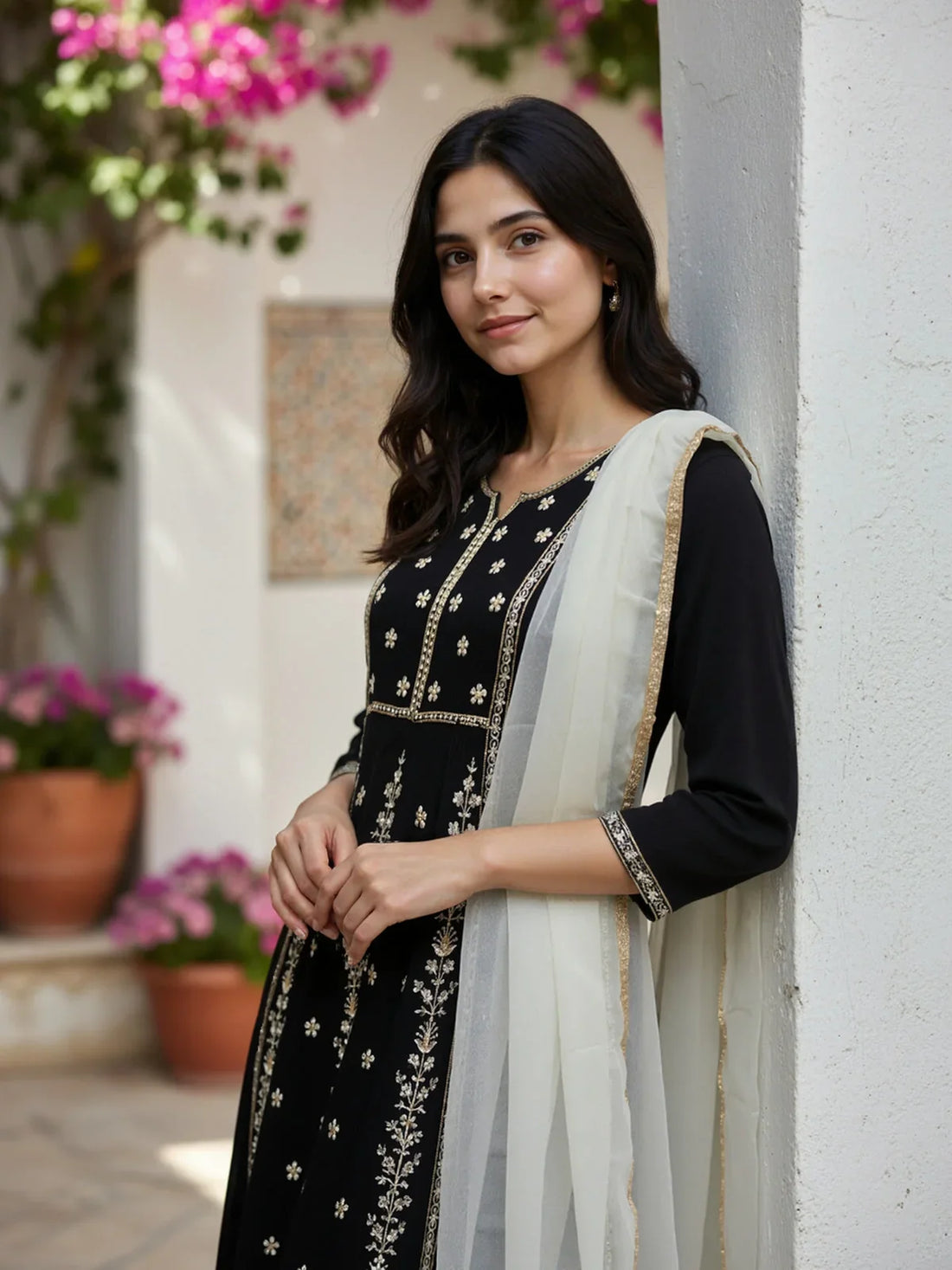 Buy Poly Viscose Embroidered Flared Calf Length Kurta with Pant and Dupatta-Black
