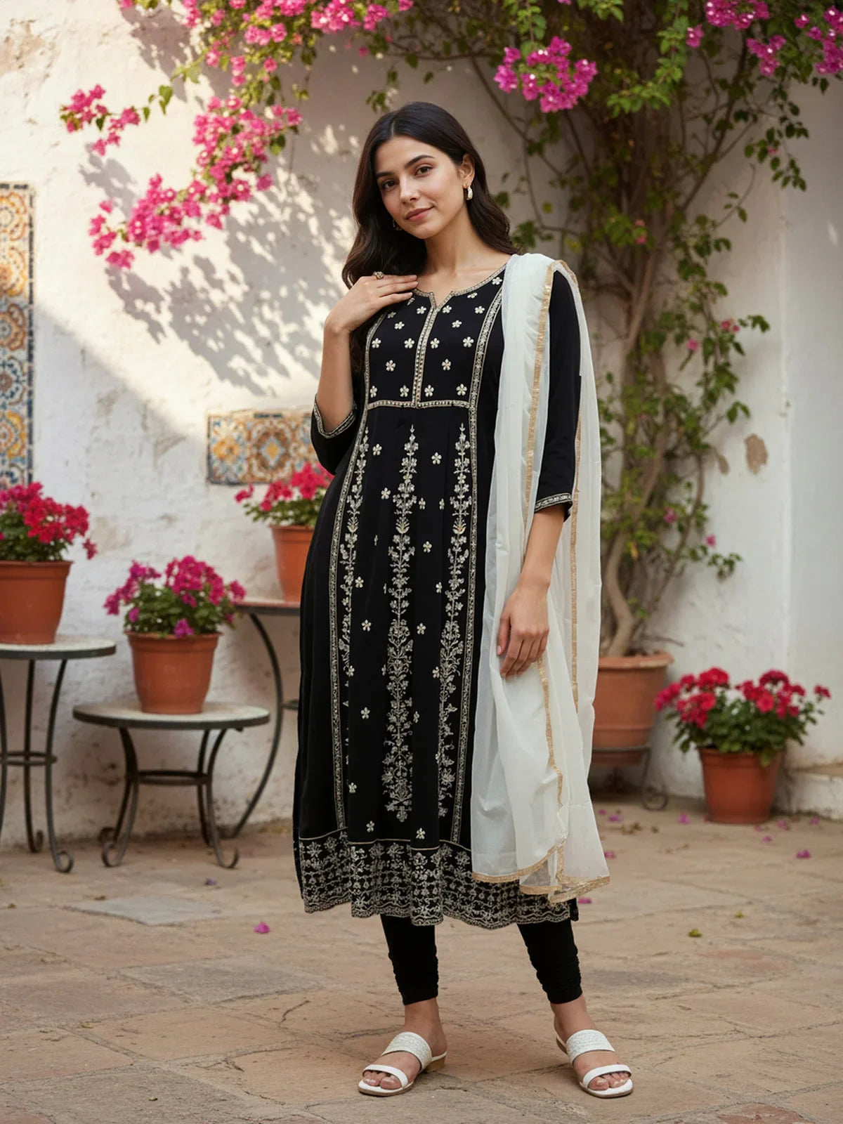 Buy Poly Viscose Embroidered Flared Calf Length Kurta with Pant and Dupatta-Black