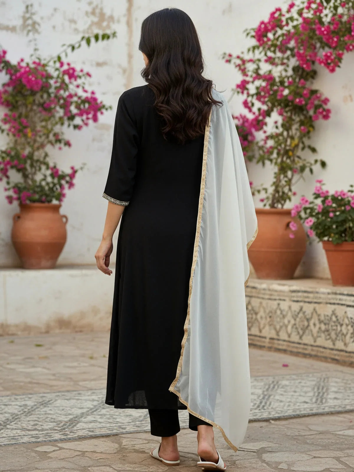 Buy Poly Viscose Embroidered Flared Calf Length Kurta with Pant and Dupatta-Black