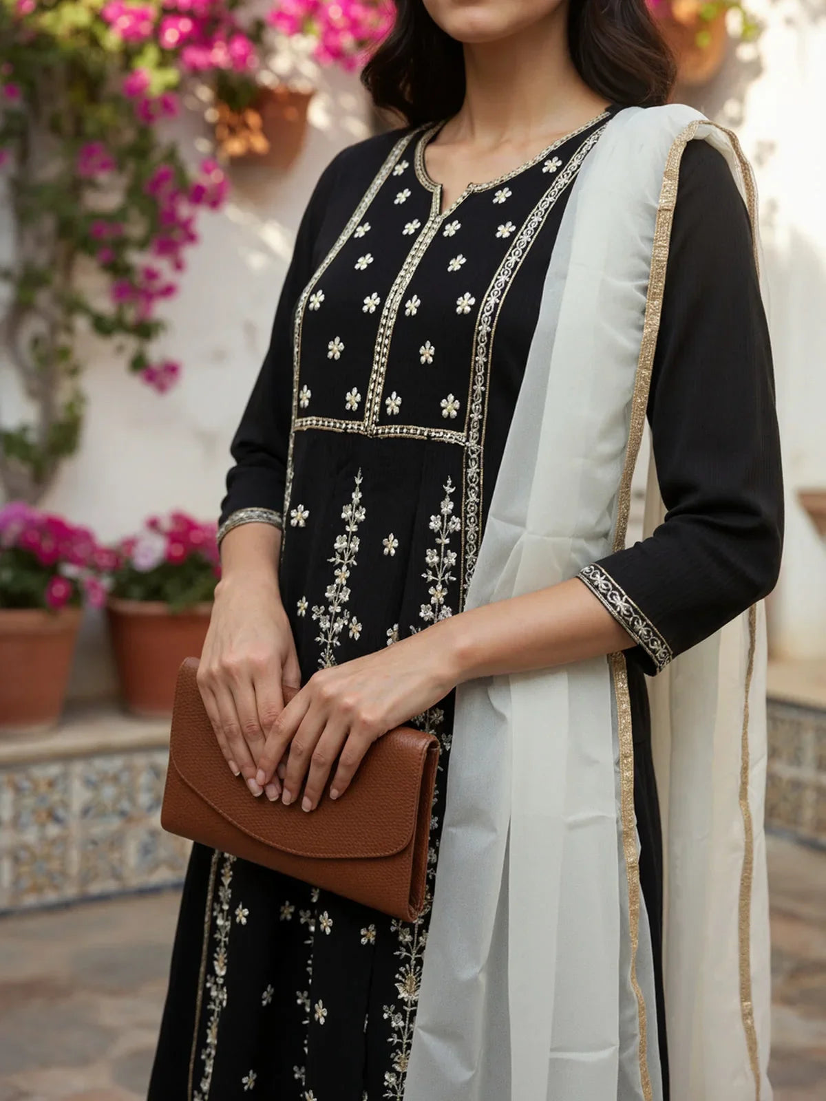 Buy Poly Viscose Embroidered Flared Calf Length Kurta with Pant and Dupatta-Black