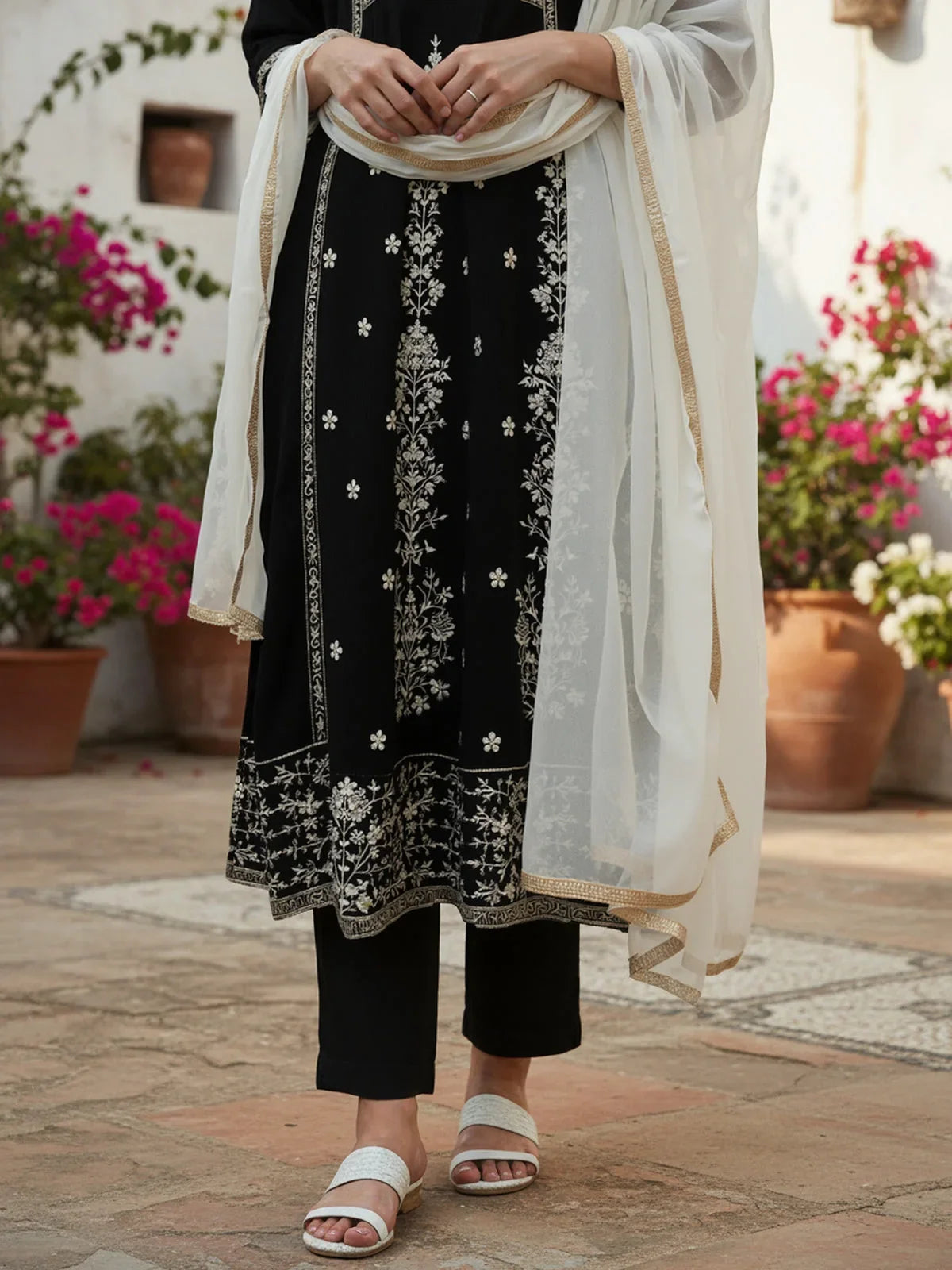 Buy Poly Viscose Embroidered Flared Calf Length Kurta with Pant and Dupatta-Black