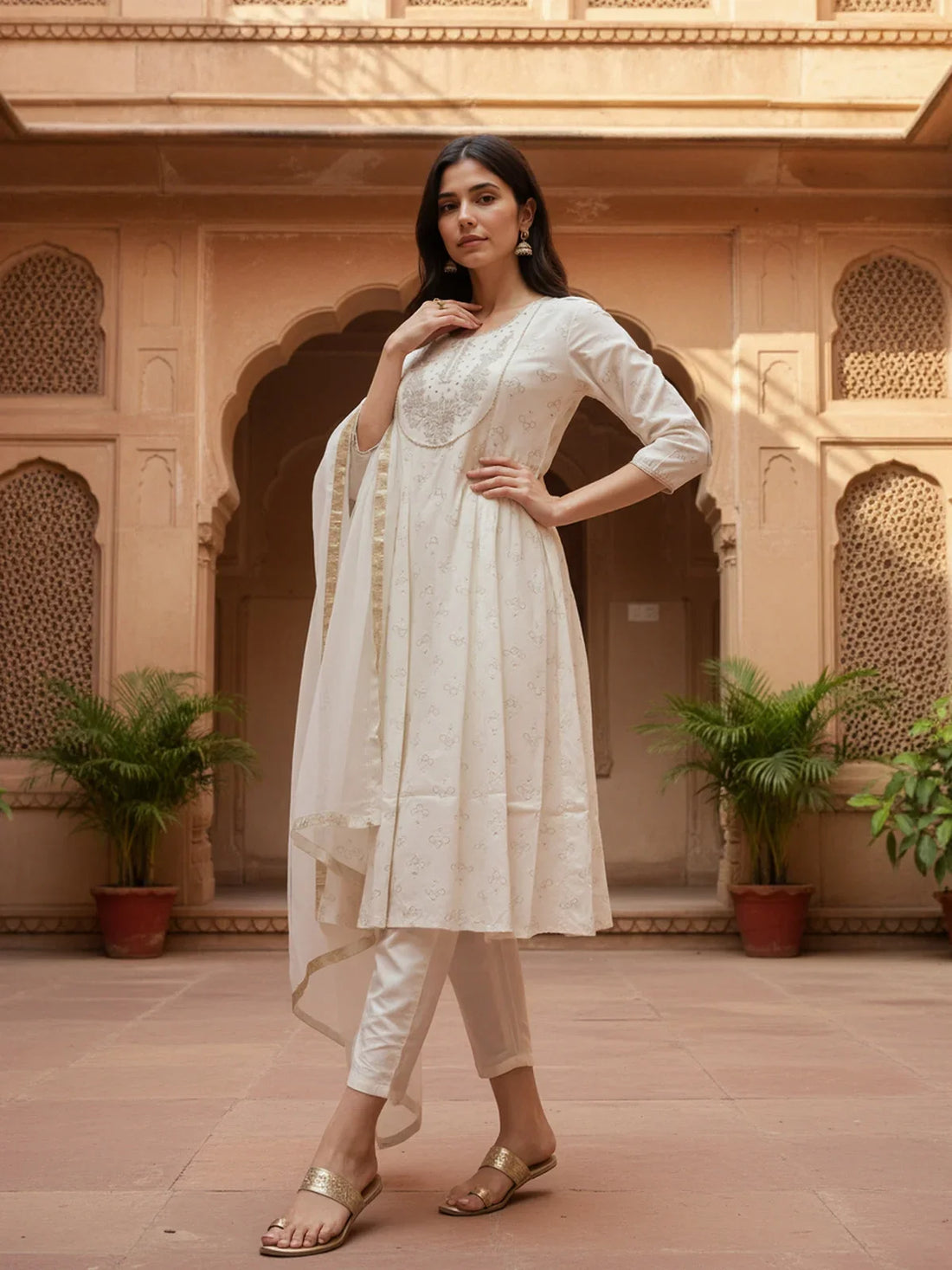 Buy Poly Viscose Embroidered Flared Calf Length Kurta with Pant and Dupatta-White