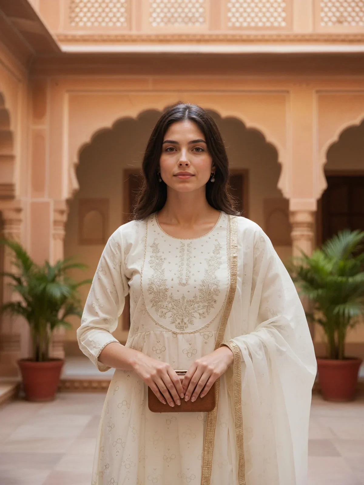 Buy Poly Viscose Embroidered Flared Calf Length Kurta with Pant and Dupatta-White