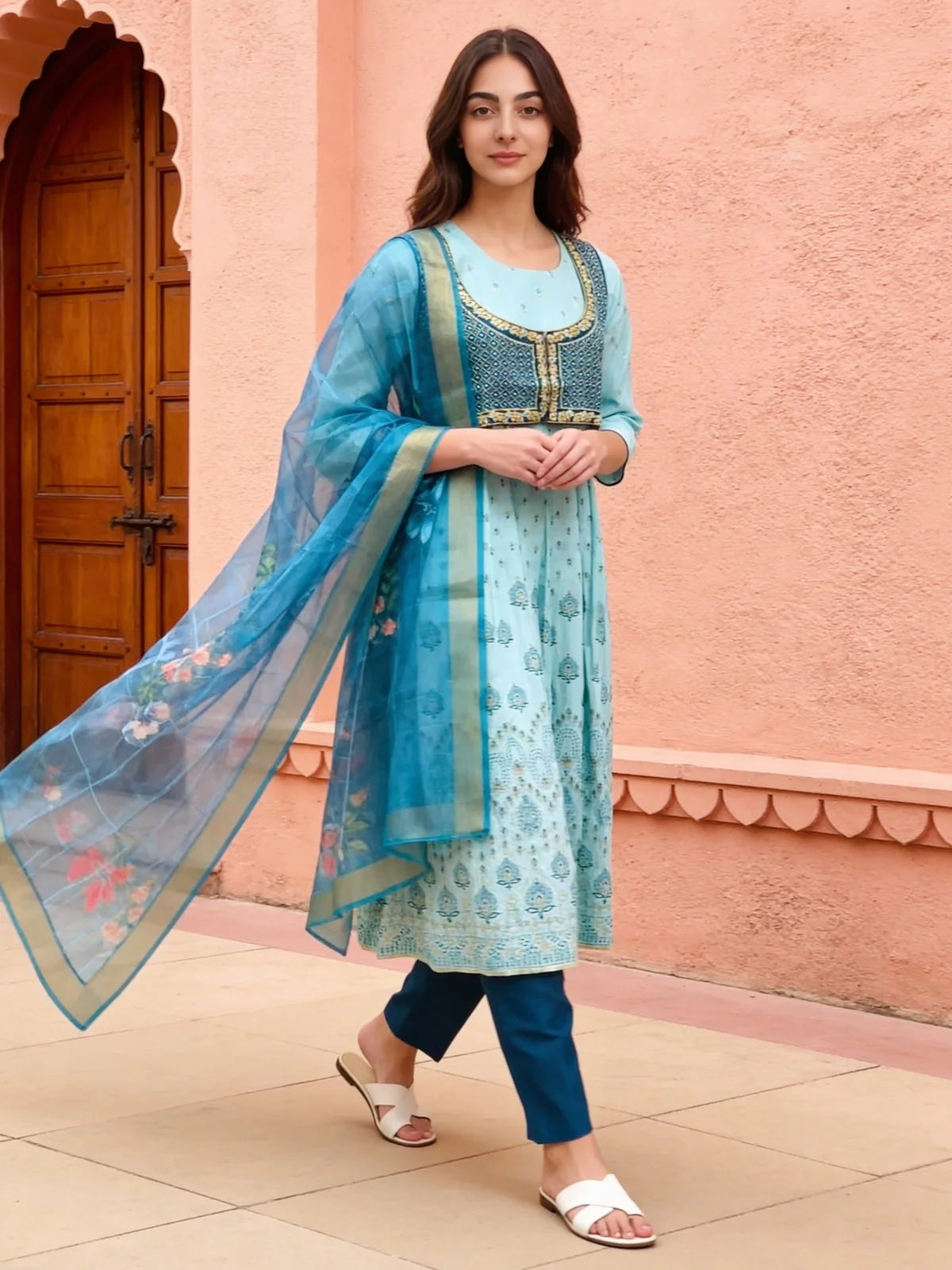 Buy Poly Viscose Embroidered Anarkali Calf Length Kurta with Pant and Dupatta-Blue