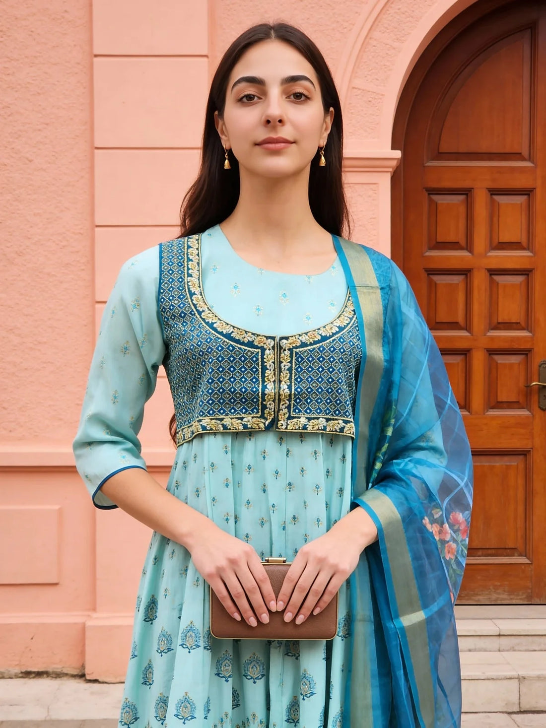 Buy Poly Viscose Embroidered Anarkali Calf Length Kurta with Pant and Dupatta-Blue