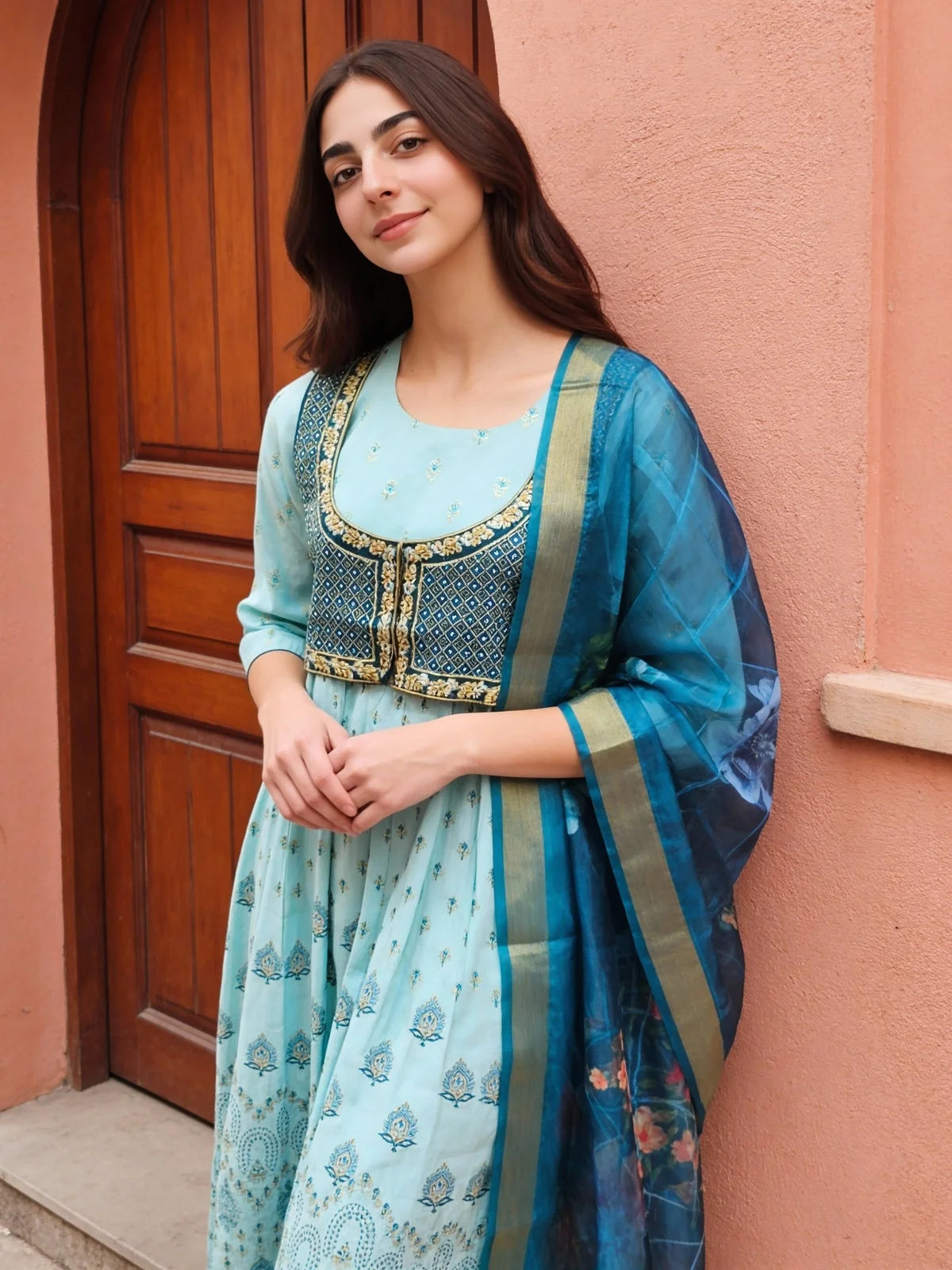 Buy Poly Viscose Embroidered Anarkali Calf Length Kurta with Pant and Dupatta-Blue