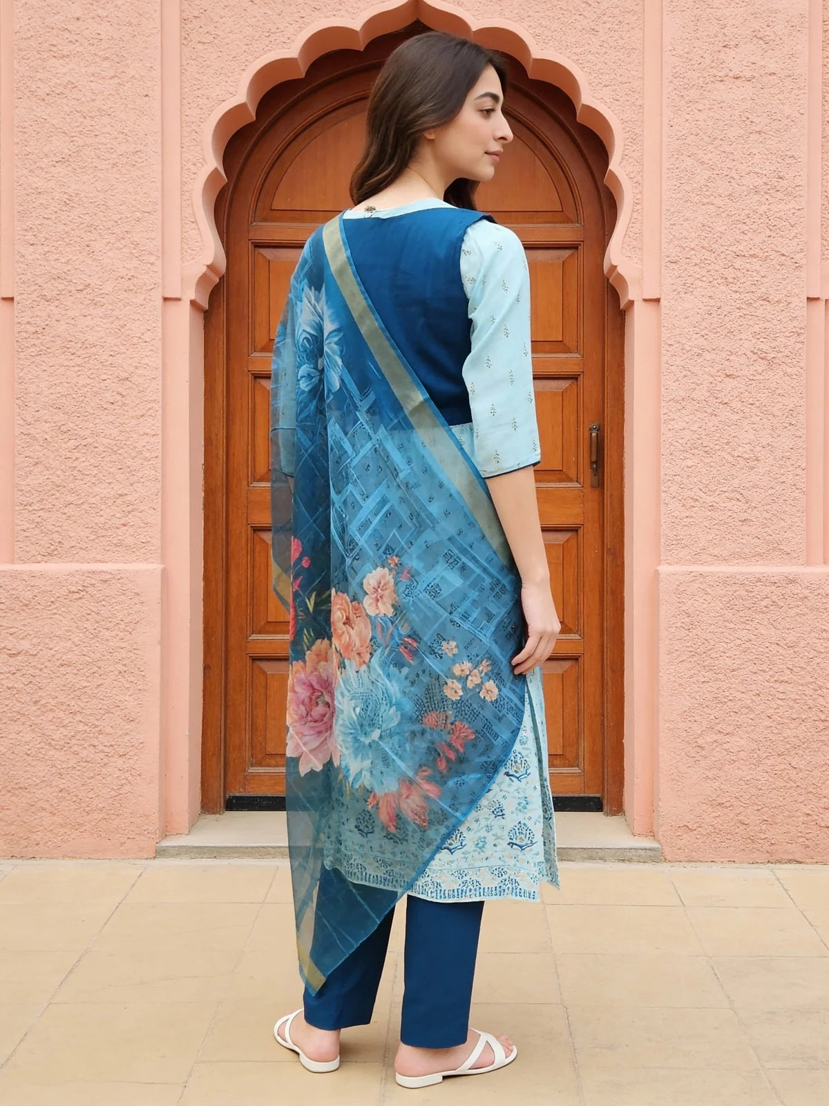 Buy Poly Viscose Embroidered Anarkali Calf Length Kurta with Pant and Dupatta-Blue