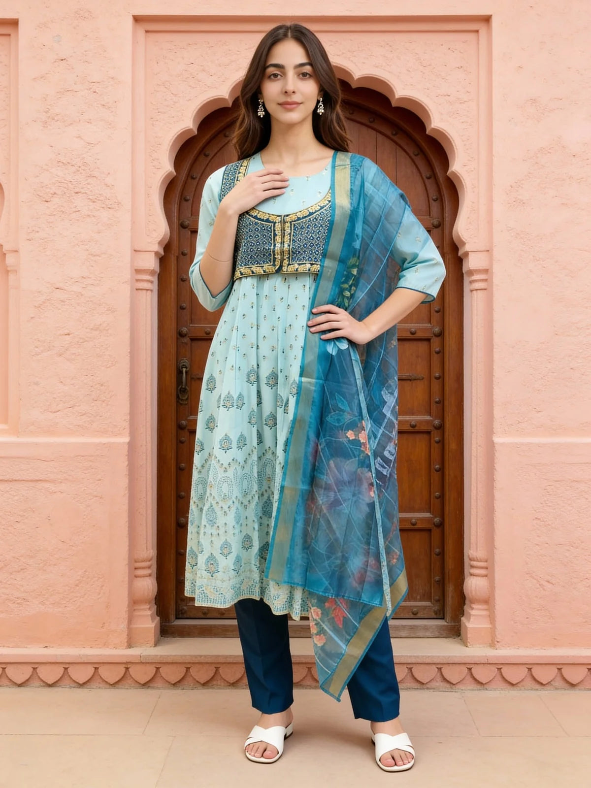 Buy Poly Viscose Embroidered Anarkali Calf Length Kurta with Pant and Dupatta-Blue