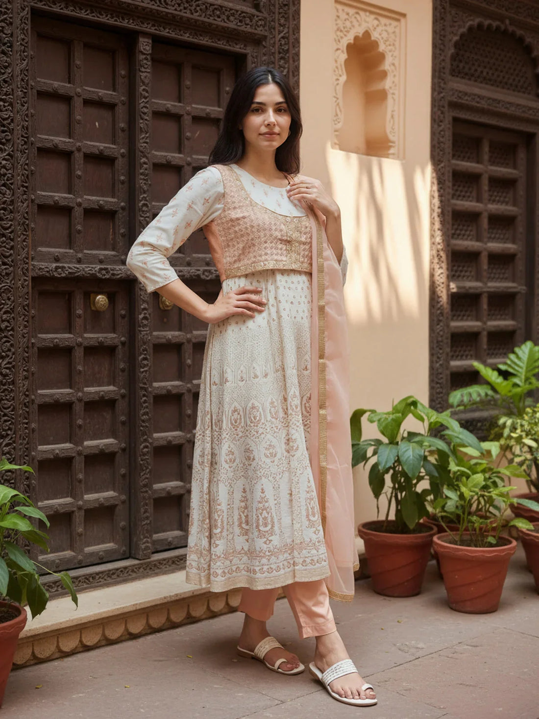 Buy Poly Viscose Embroidered Anarkali Calf Length Kurta with Pant and Dupatta-Off White