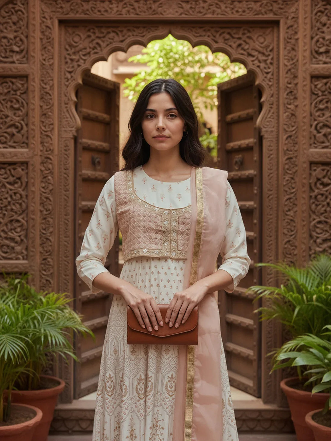 Buy Poly Viscose Embroidered Anarkali Calf Length Kurta with Pant and Dupatta-Off White