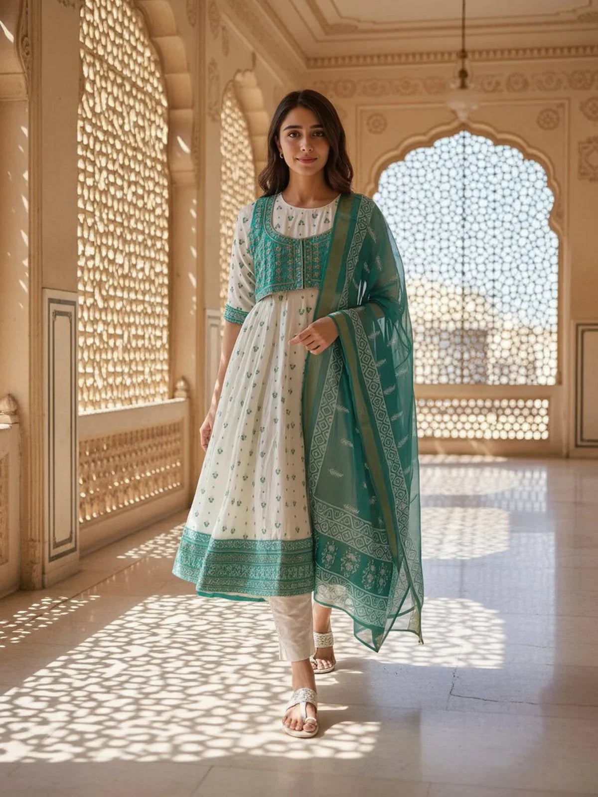 Buy Poly Viscose Embroidered Anarkali Calf Length Kurta with Pant and Dupatta-Off White