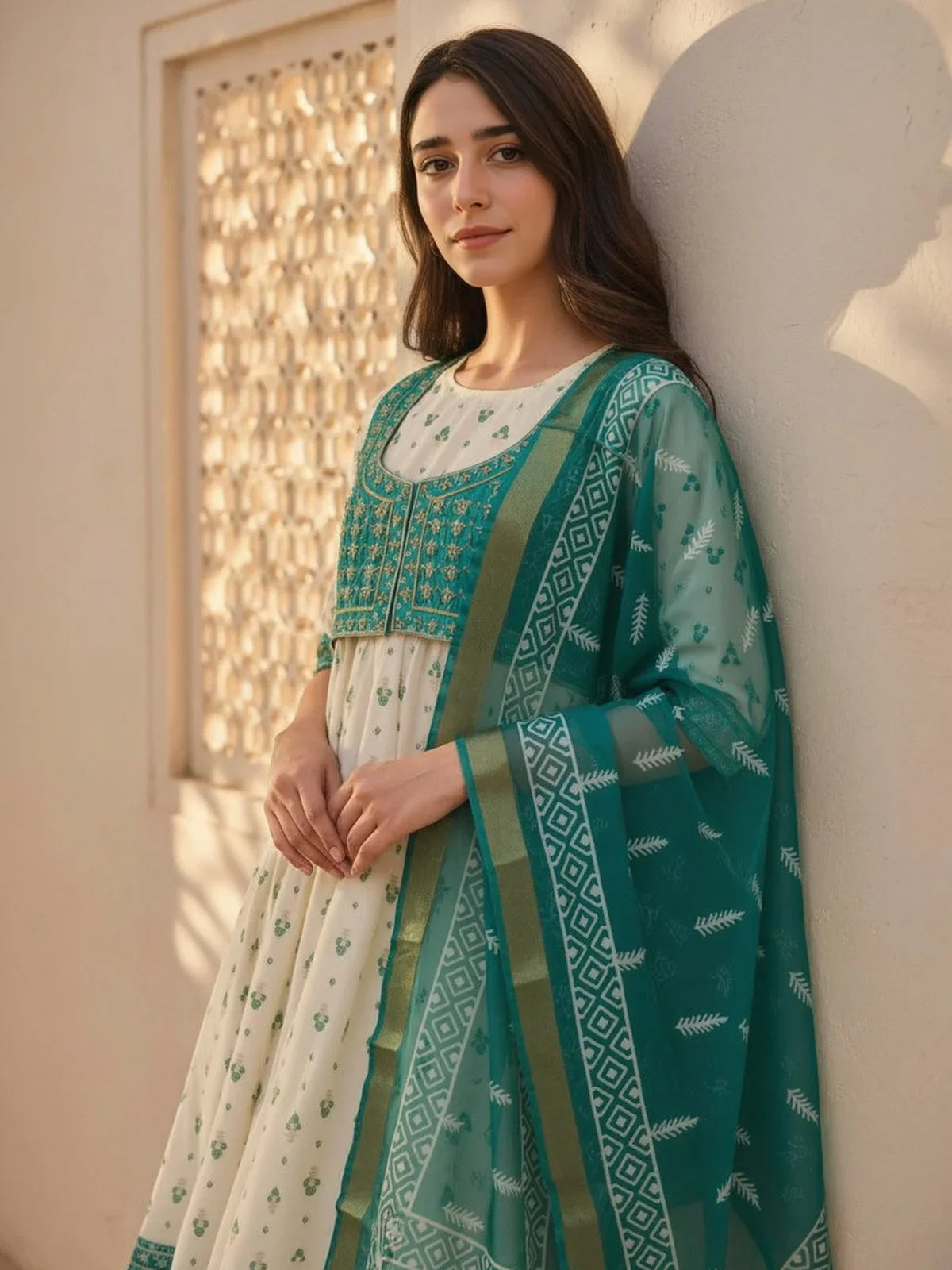 Buy Poly Viscose Embroidered Anarkali Calf Length Kurta with Pant and Dupatta-Off White