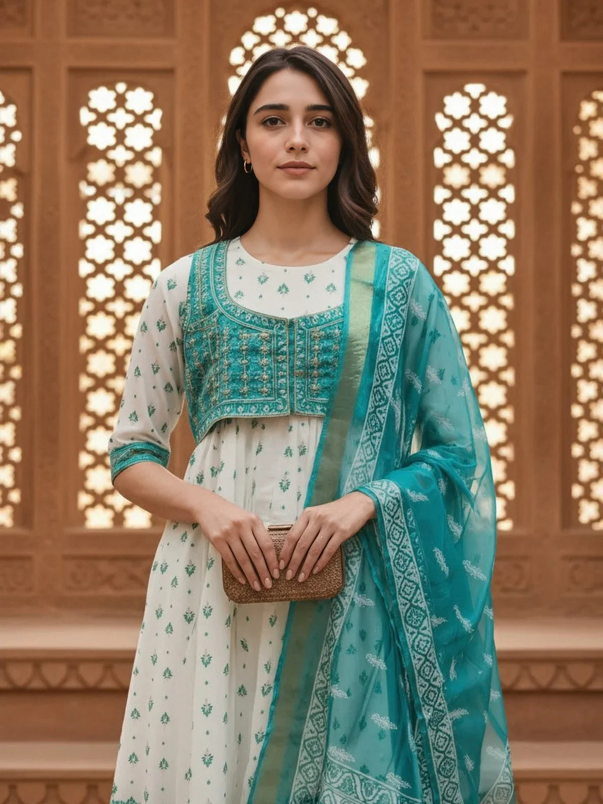 Buy Poly Viscose Embroidered Anarkali Calf Length Kurta with Pant and Dupatta-Off White