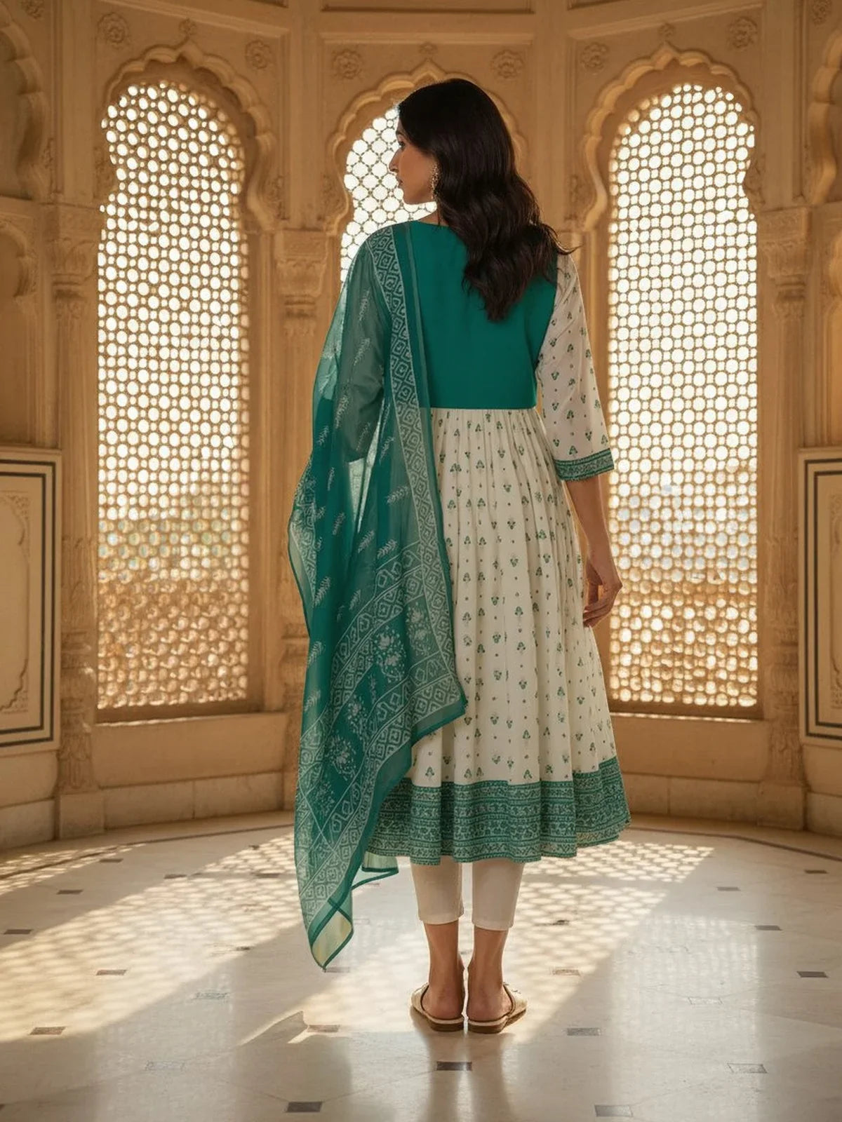 Buy Poly Viscose Embroidered Anarkali Calf Length Kurta with Pant and Dupatta-Off White