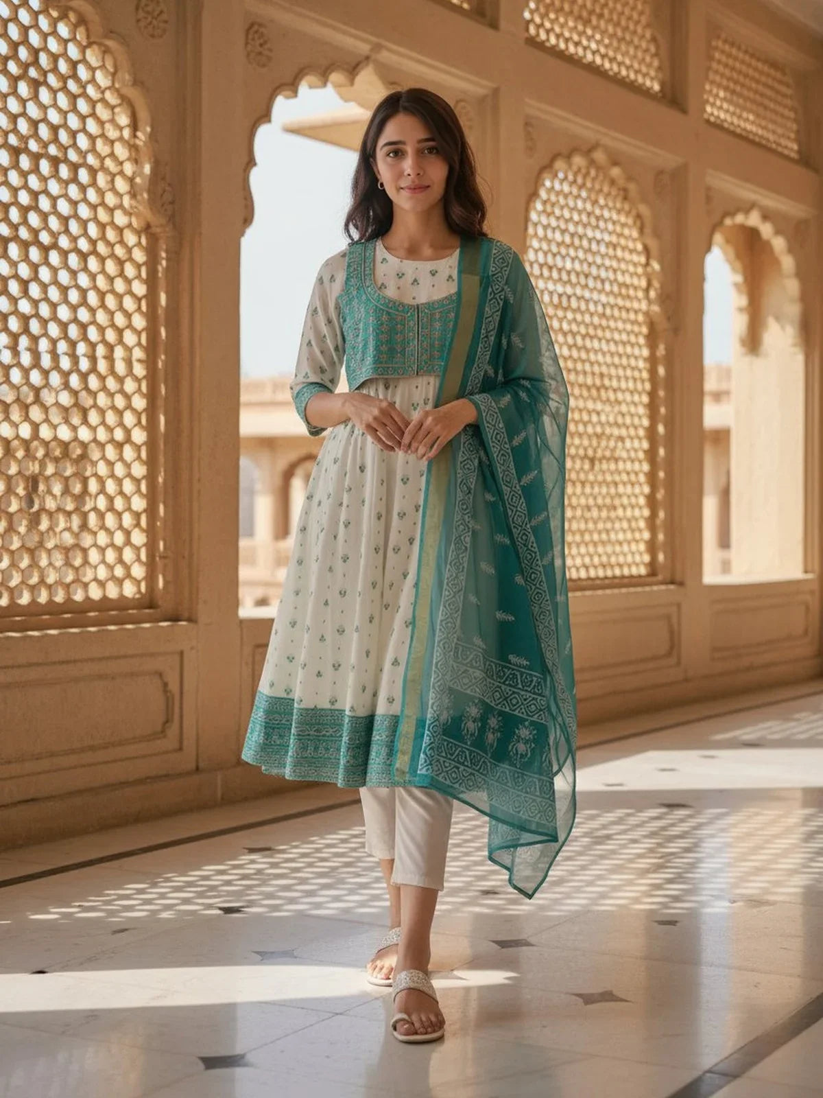 Buy Poly Viscose Embroidered Anarkali Calf Length Kurta with Pant and Dupatta-Off White