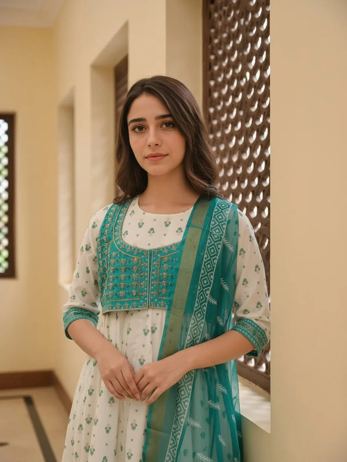 Buy Poly Viscose Embroidered Anarkali Calf Length Kurta with Pant and Dupatta-Off White