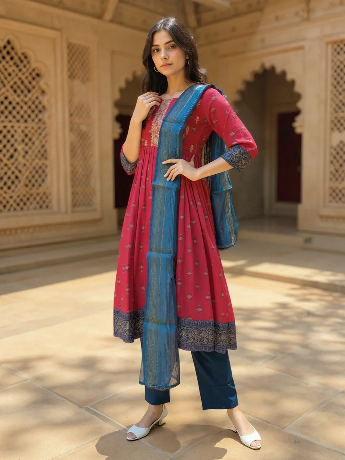 Buy Poly Viscose Embroidered Anarkali Calf Length Kurta with Pant and Dupatta-Pink