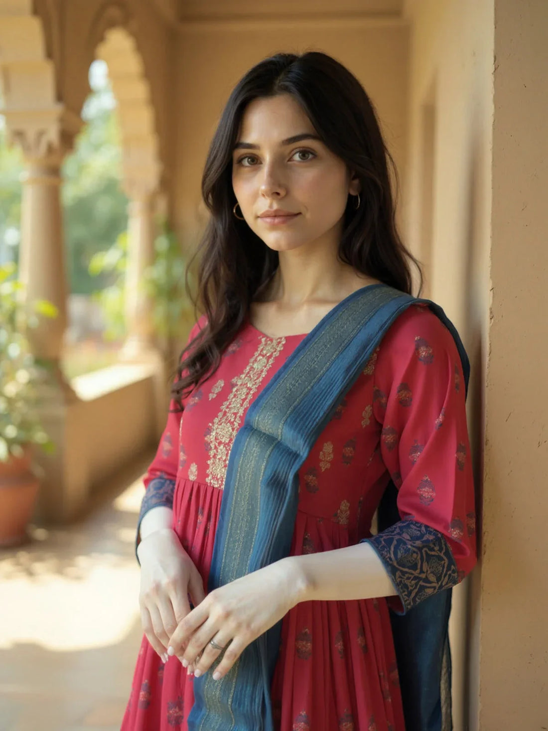 Buy Poly Viscose Embroidered Anarkali Calf Length Kurta with Pant and Dupatta-Pink