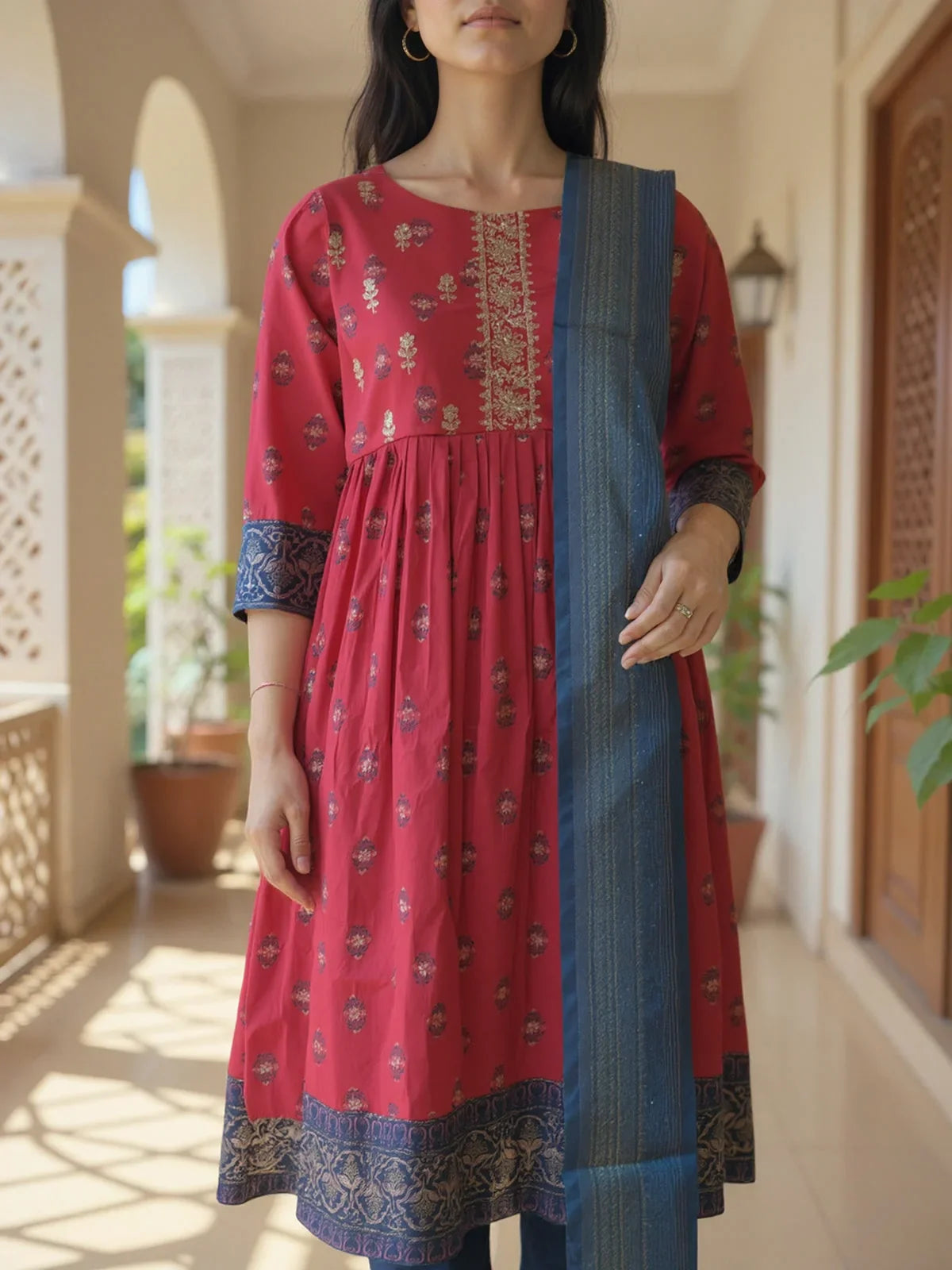 Buy Poly Viscose Embroidered Anarkali Calf Length Kurta with Pant and Dupatta-Pink