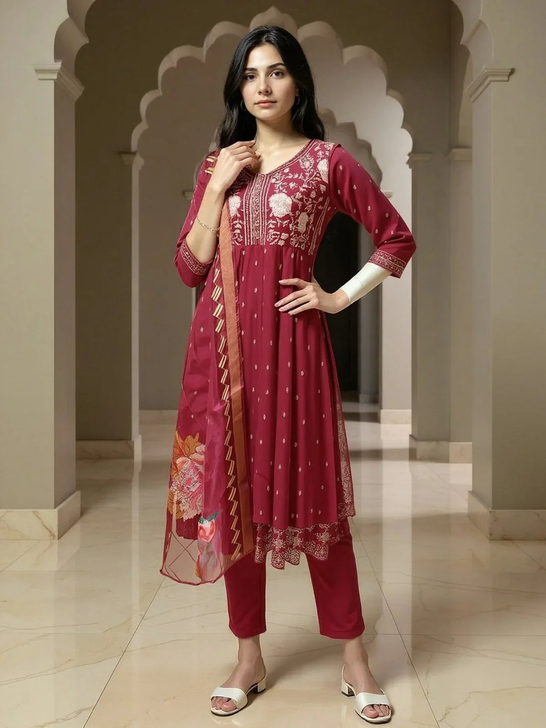 Buy Poly Viscose Embroidered Anarkali Calf Length Salwar Suit-Wine