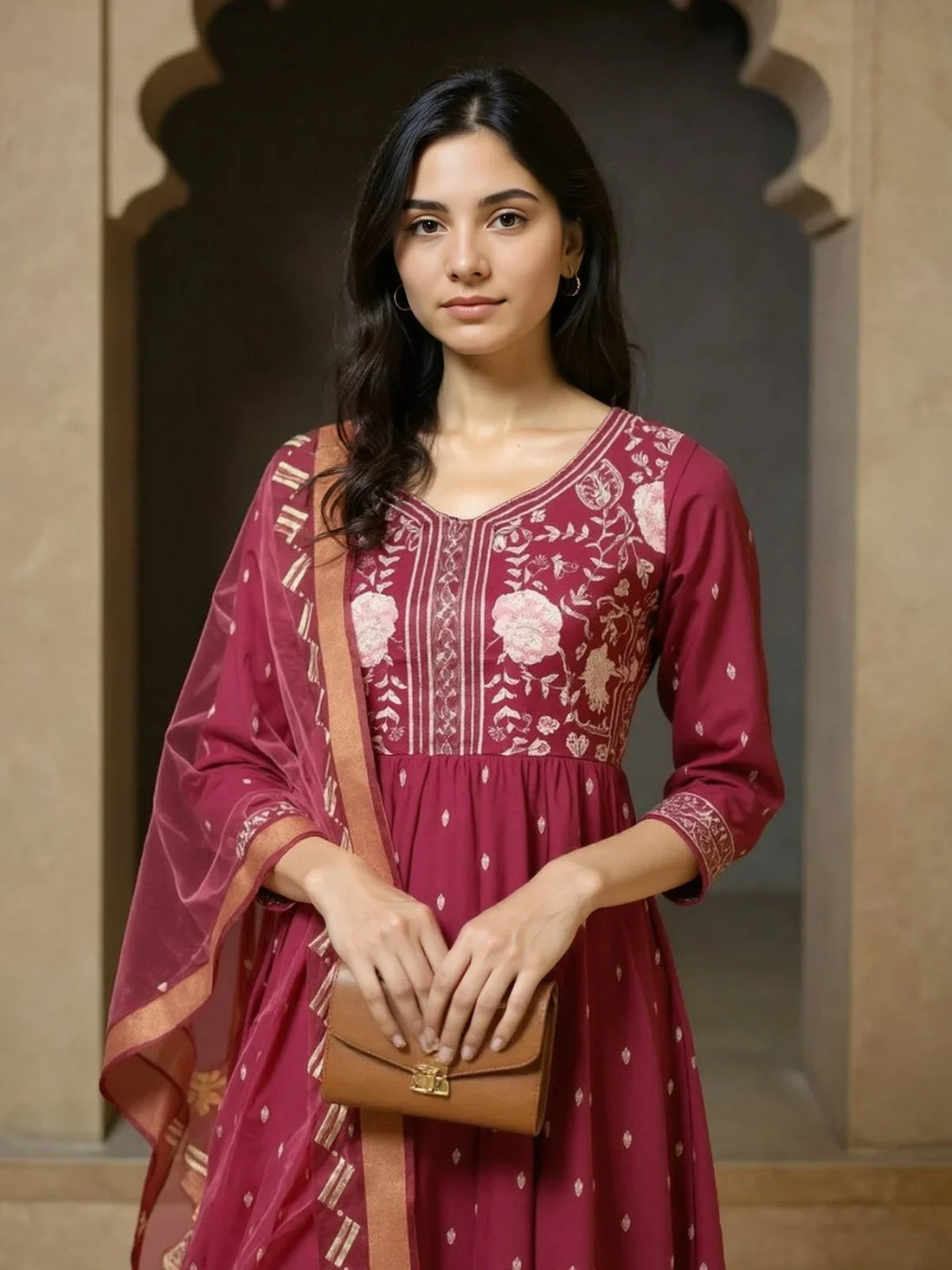 Buy Poly Viscose Embroidered Anarkali Calf Length Salwar Suit-Wine