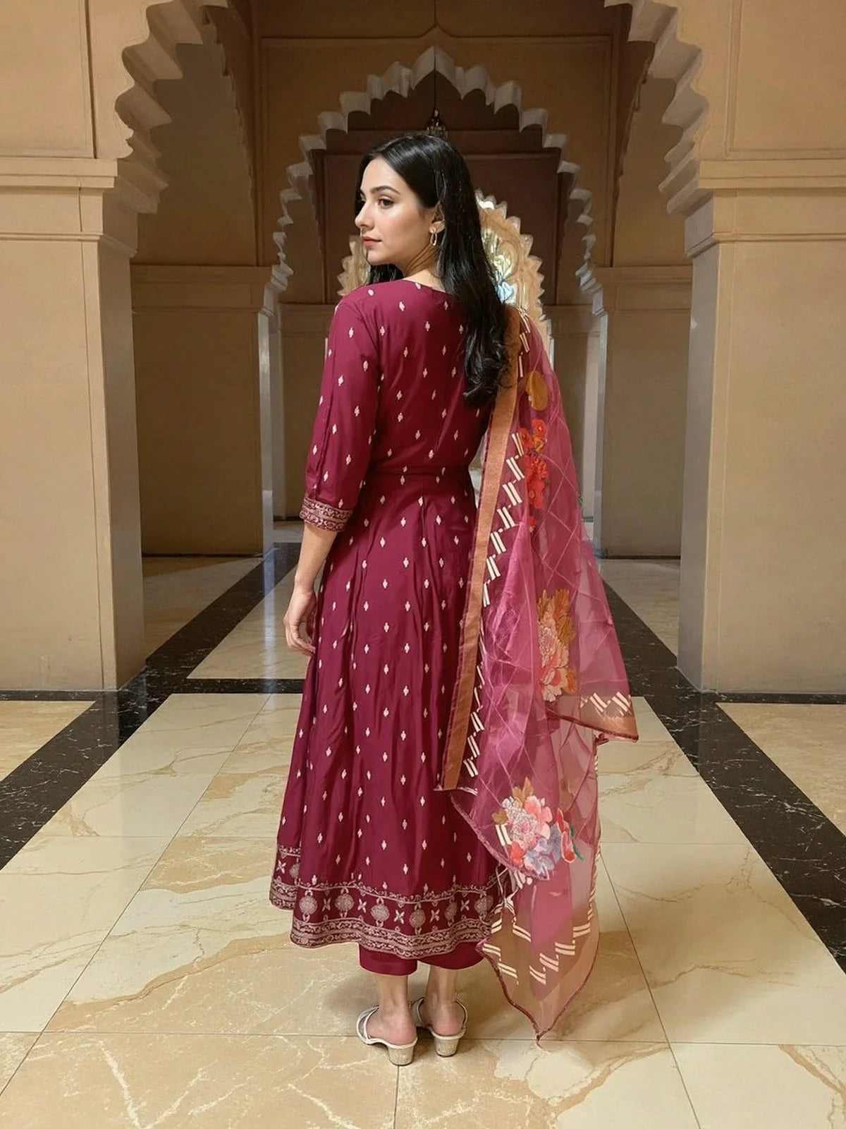 Buy Poly Viscose Embroidered Anarkali Calf Length Salwar Suit-Wine