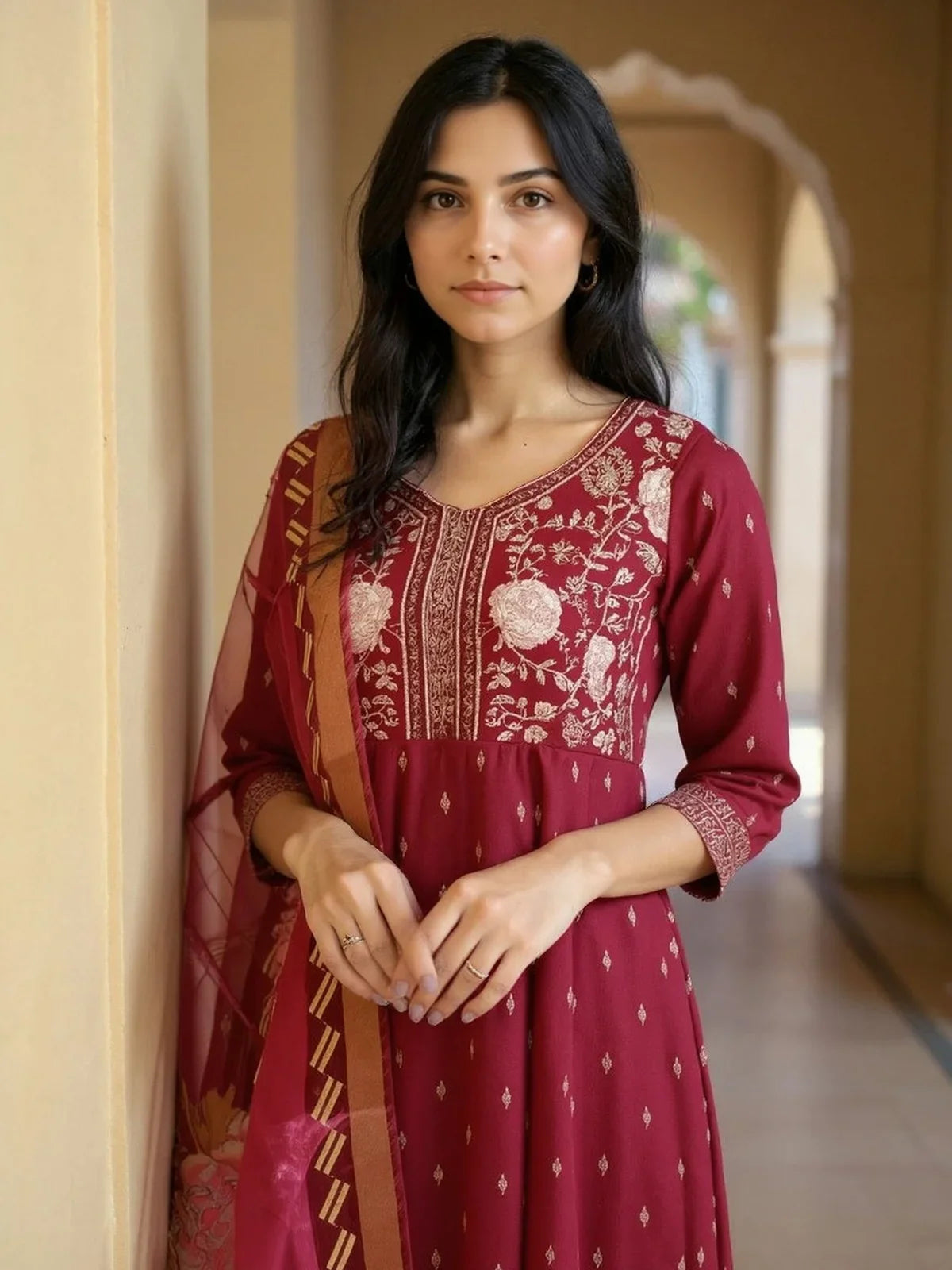 Buy Poly Viscose Embroidered Anarkali Calf Length Salwar Suit-Wine
