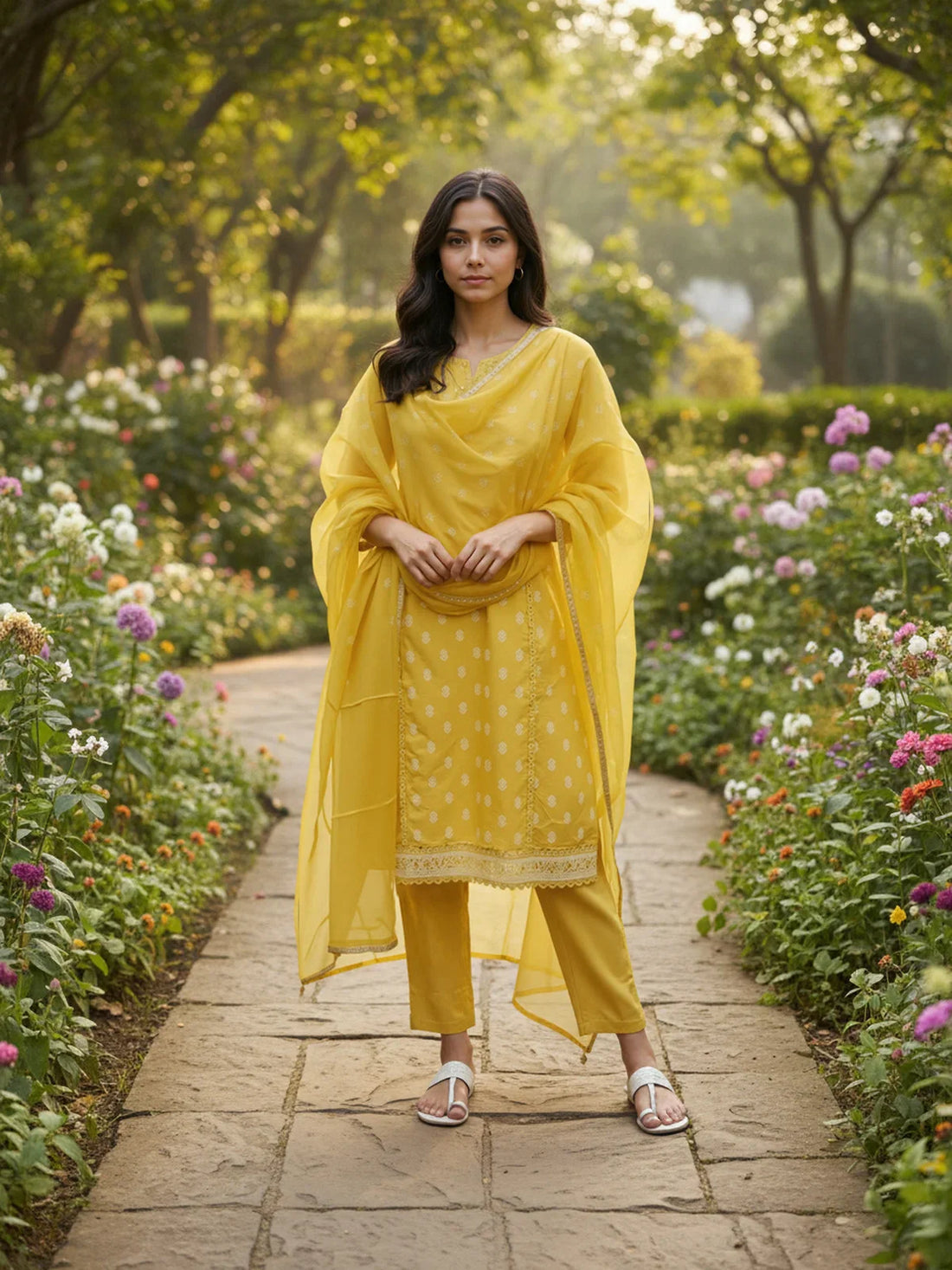Buy Chanderi Embroidered Straight Calf Length Kurta with Pant and Dupatta-Mustard